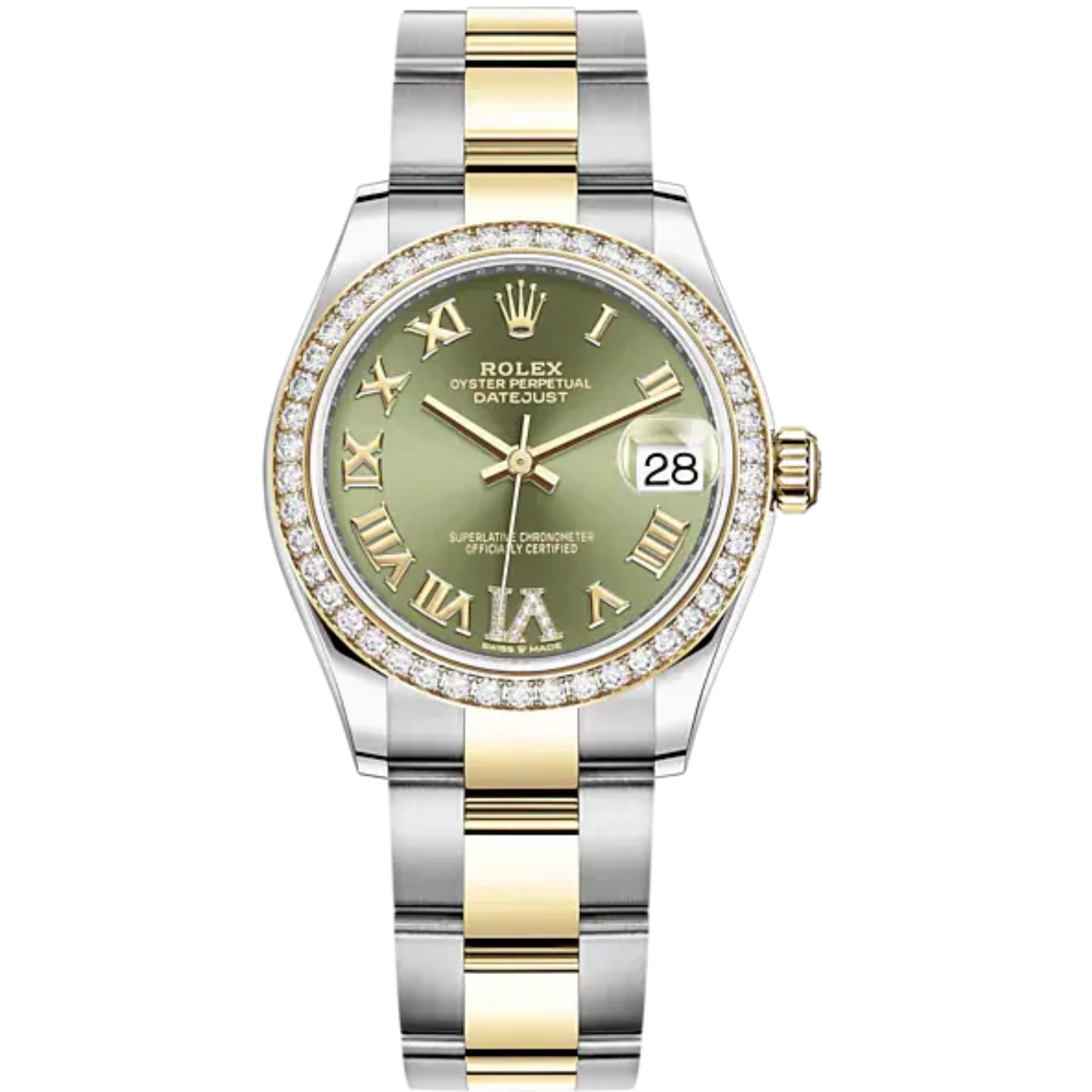 Datejust 31 31mm Oyster Bracelet Oystersteel and Yellow Gold with Olive Green Diamond Dial Diamond-Set Bezel - Rolex
