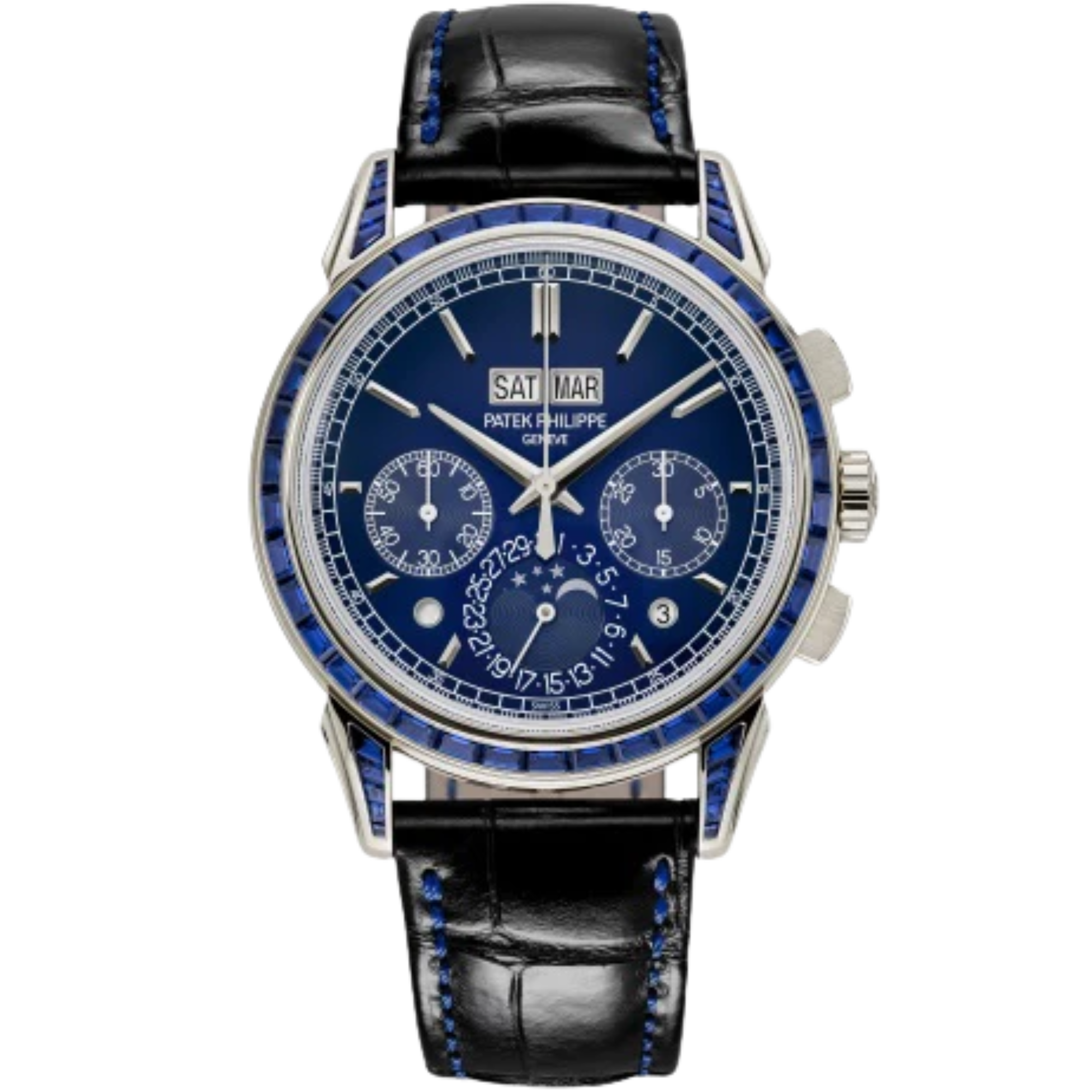 11P Grand Complications 41mm Shiny Black Alligator Leather Strap Lacquered Blue Gradient-Black Dial Sapphire-set Platinum Bezel - Patek Philippe