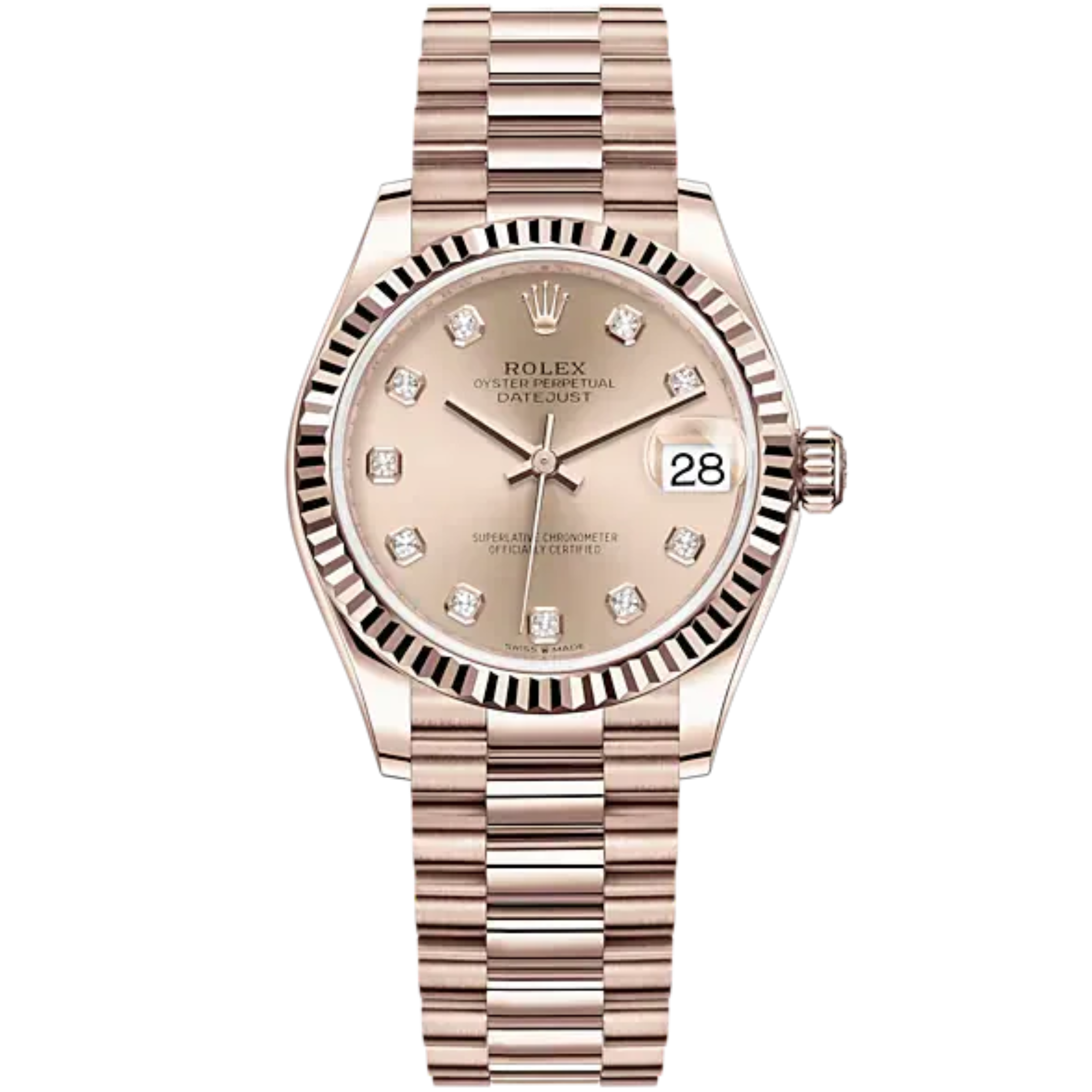 Datejust 31 31mm President Bracelet and 18 CT Everose Gold with Rosé-Colour Diamond-Set Dial Fluted Bezel - Rolex