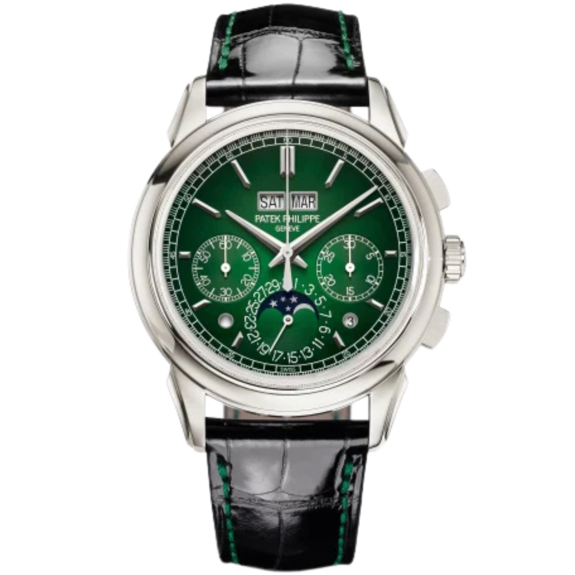 5270P Grand Complications 41mm Shiny Black Alligator Leather Strap Lacquered Green Gradient-Black Dial Platinum Bezel - Patek Philippe
