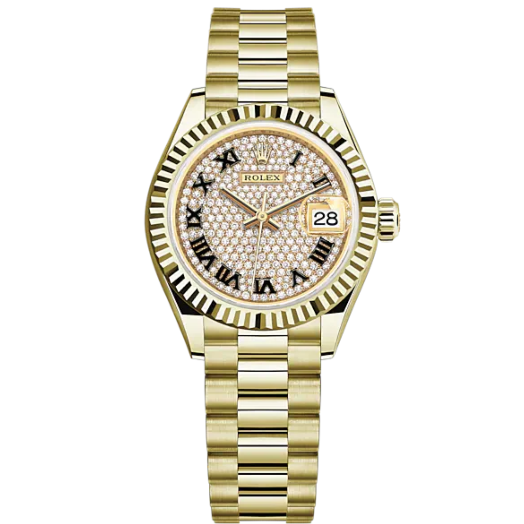 Lady-DateJust 28mm President Bracelet and 18 KT Yellow Gold with Diamond-Paved Dial Fluted Bezel - Rolex