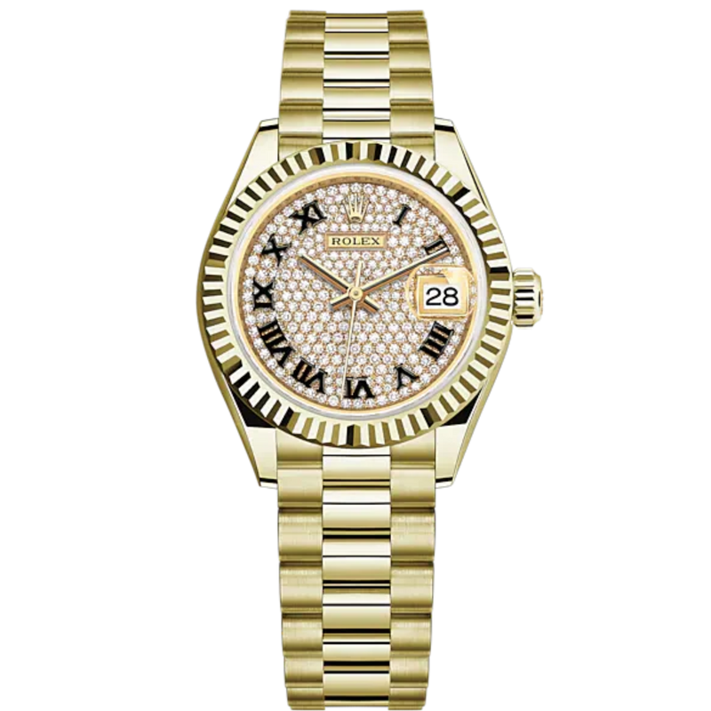 Lady-DateJust 28mm President Bracelet and 18 KT Yellow Gold with Diamond-Paved Dial Fluted Bezel - Rolex