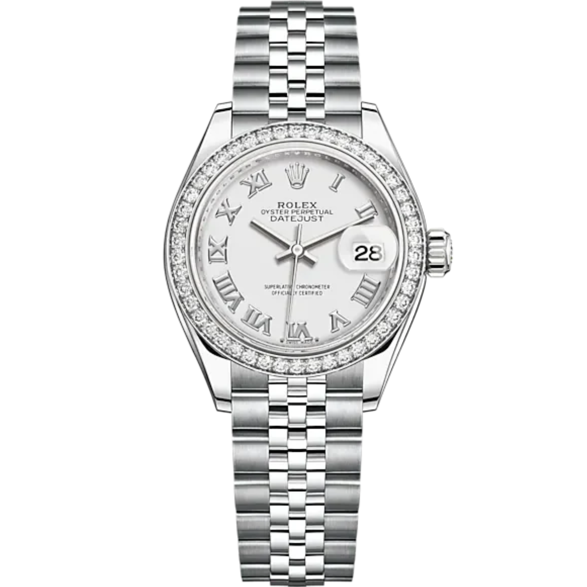 Lady-DateJust 28mm Oystersteel Jubilee Bracelet and White Gold with White Dial Diamond-Set Bezel - Rolex