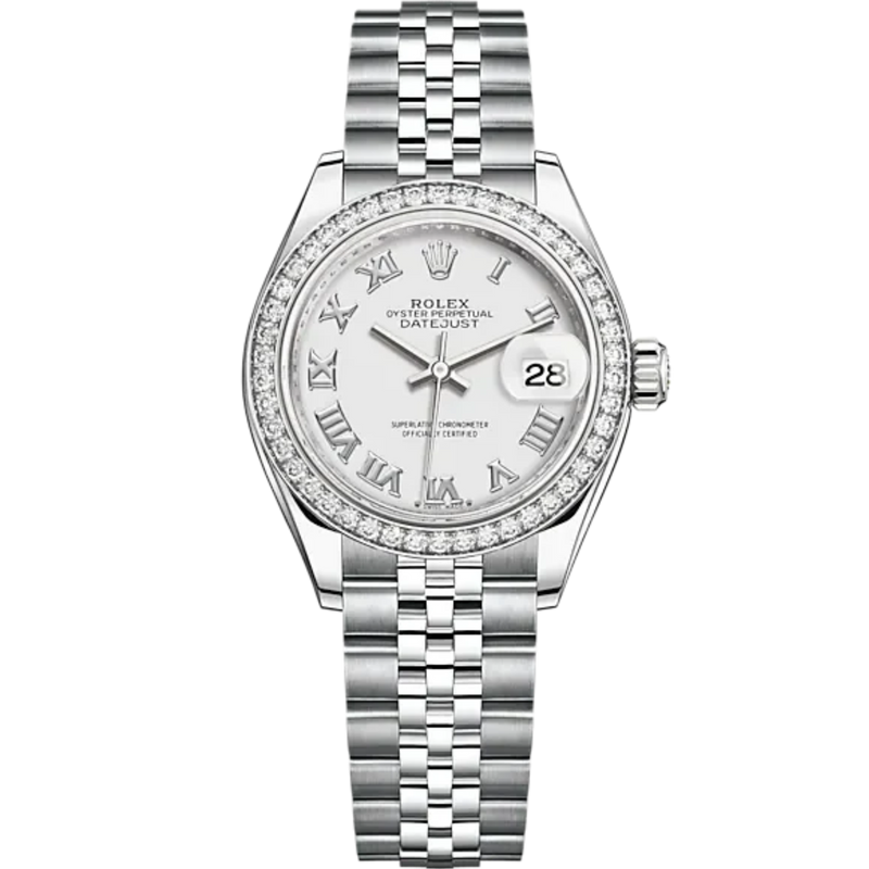 Lady-DateJust 28mm Oystersteel Jubilee Bracelet and White Gold with White Dial Diamond-Set Bezel - Rolex