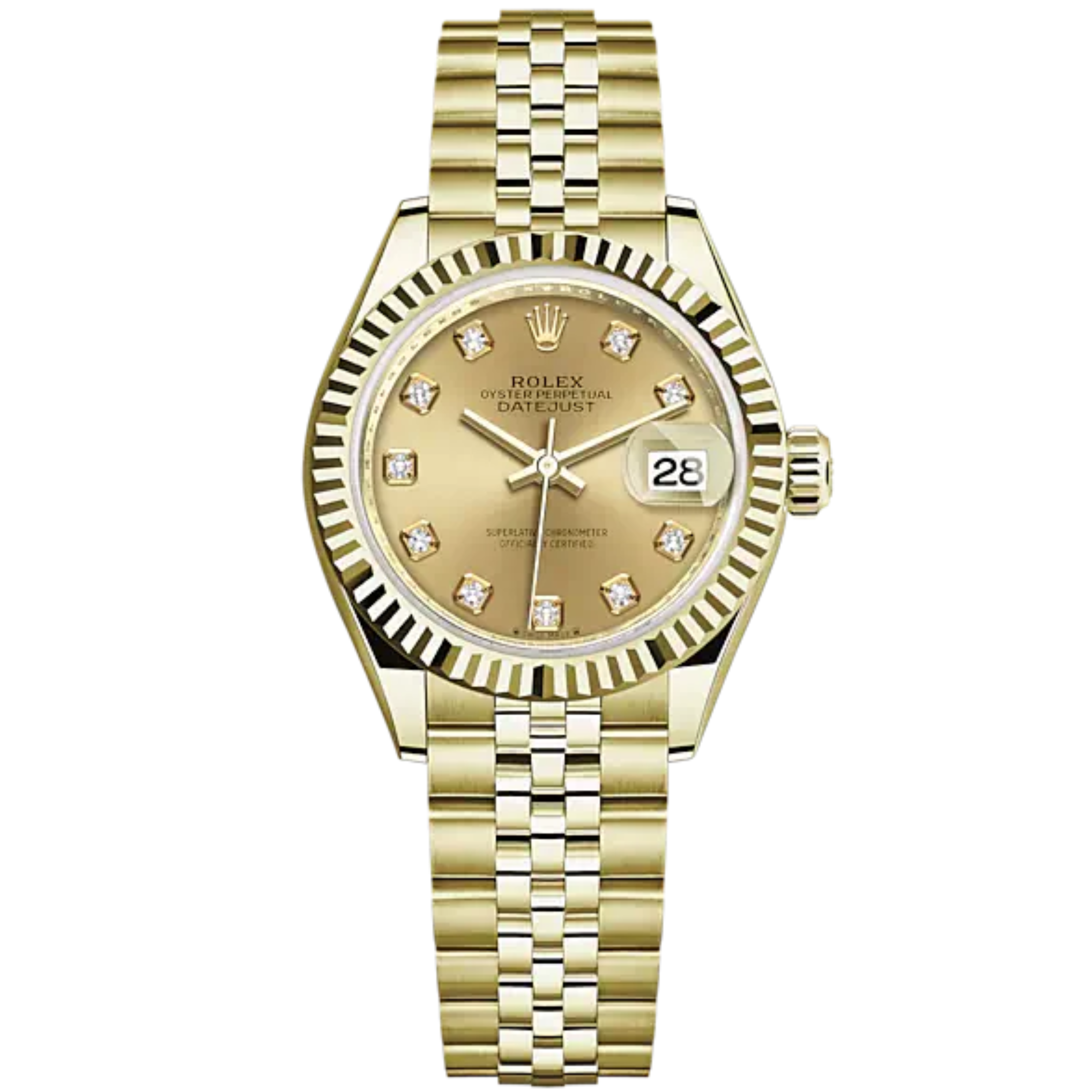 Lady-DateJust 28mm Jubilee Bracelet and 18 KT Yellow Gold with Champagne-Colour Dial Diamond-Set Dial Fluted Bezel - Rolex