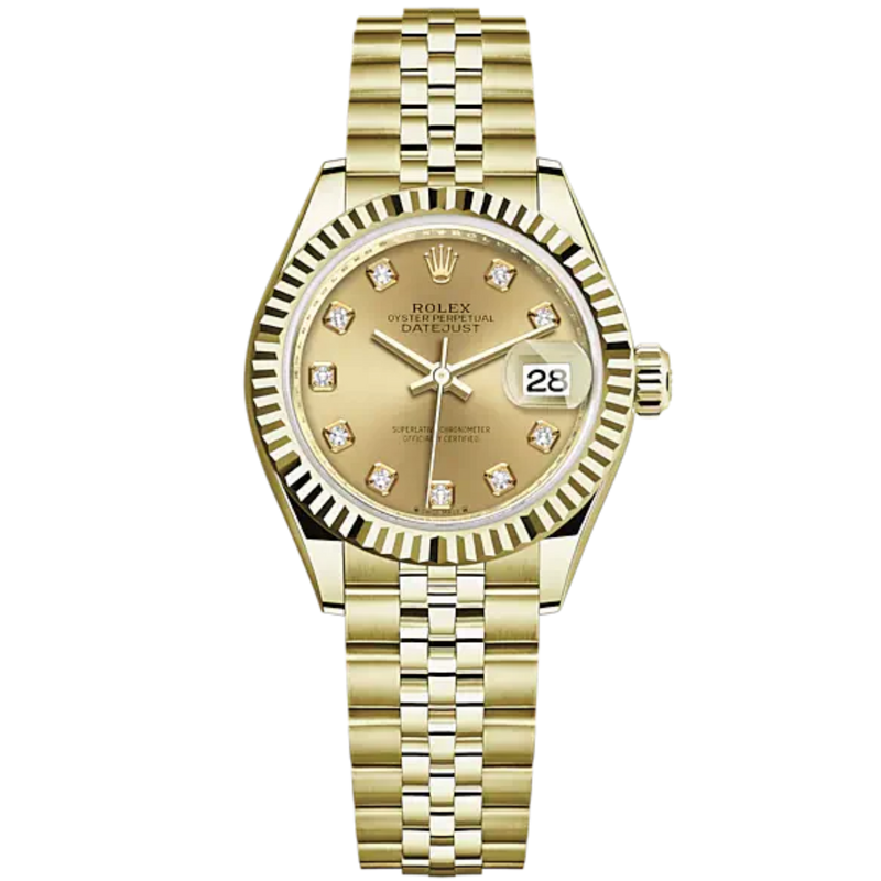 Lady-DateJust 28mm Jubilee Bracelet and 18 KT Yellow Gold with Champagne-Colour Dial Diamond-Set Dial Fluted Bezel - Rolex