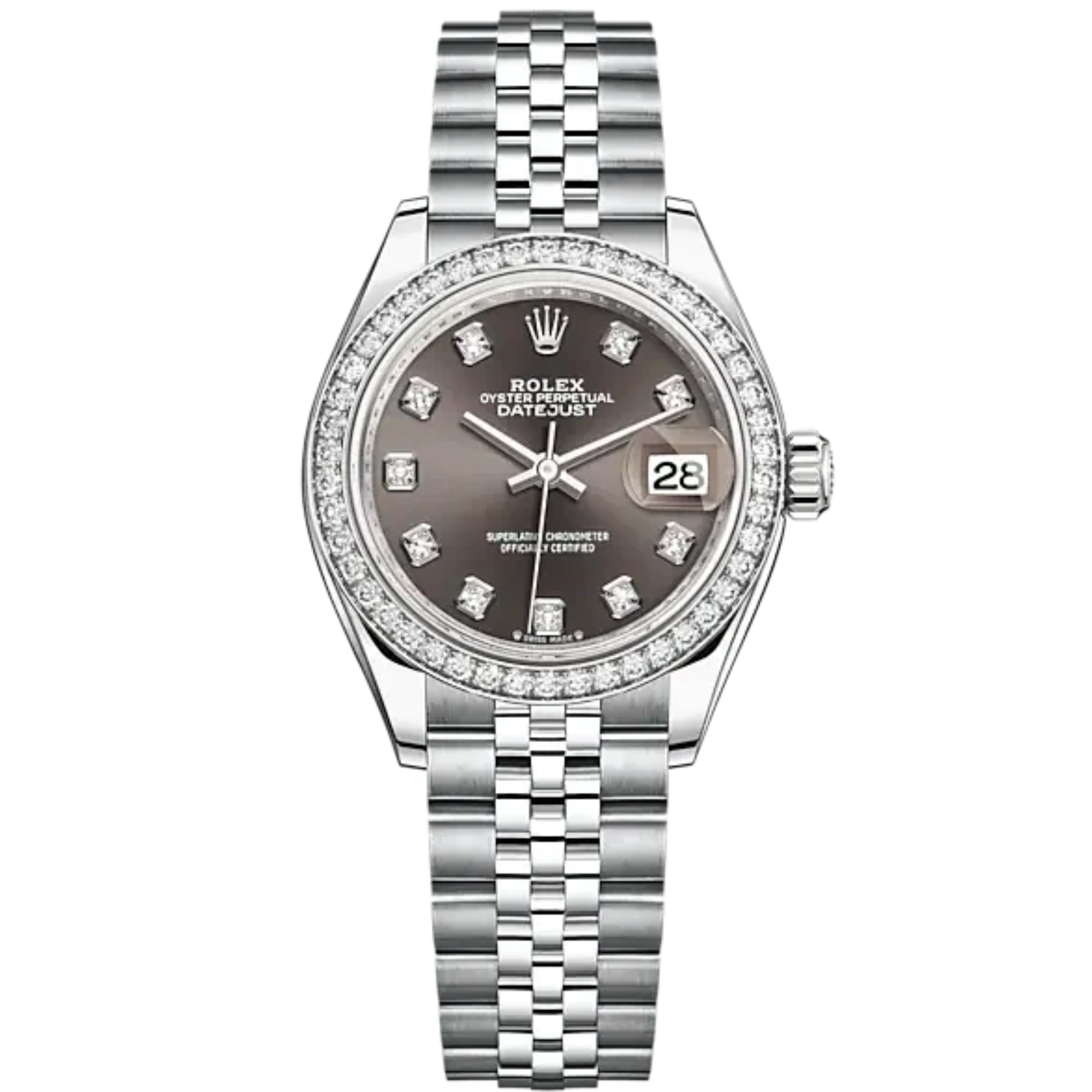Lady-DateJust 28mm Oystersteel Jubilee Bracelet and White Gold with Dark Grey Dial Diamond-Set Dial Diamond-Set Bezel - Rolex