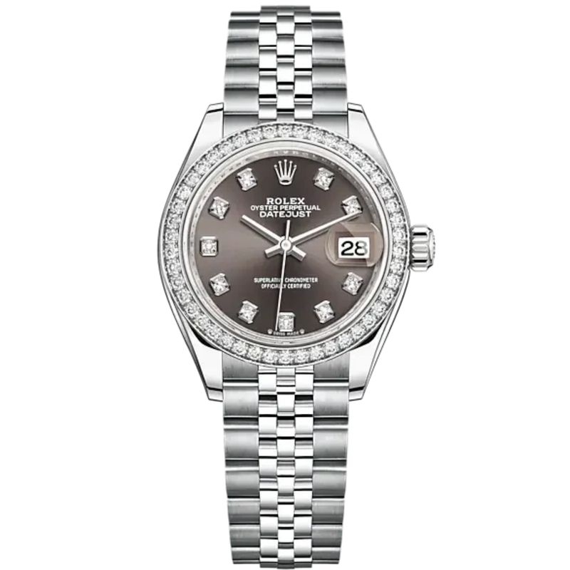 Lady-DateJust 28mm Oystersteel Jubilee Bracelet and White Gold with Dark Grey Dial Diamond-Set Dial Diamond-Set Bezel - Rolex