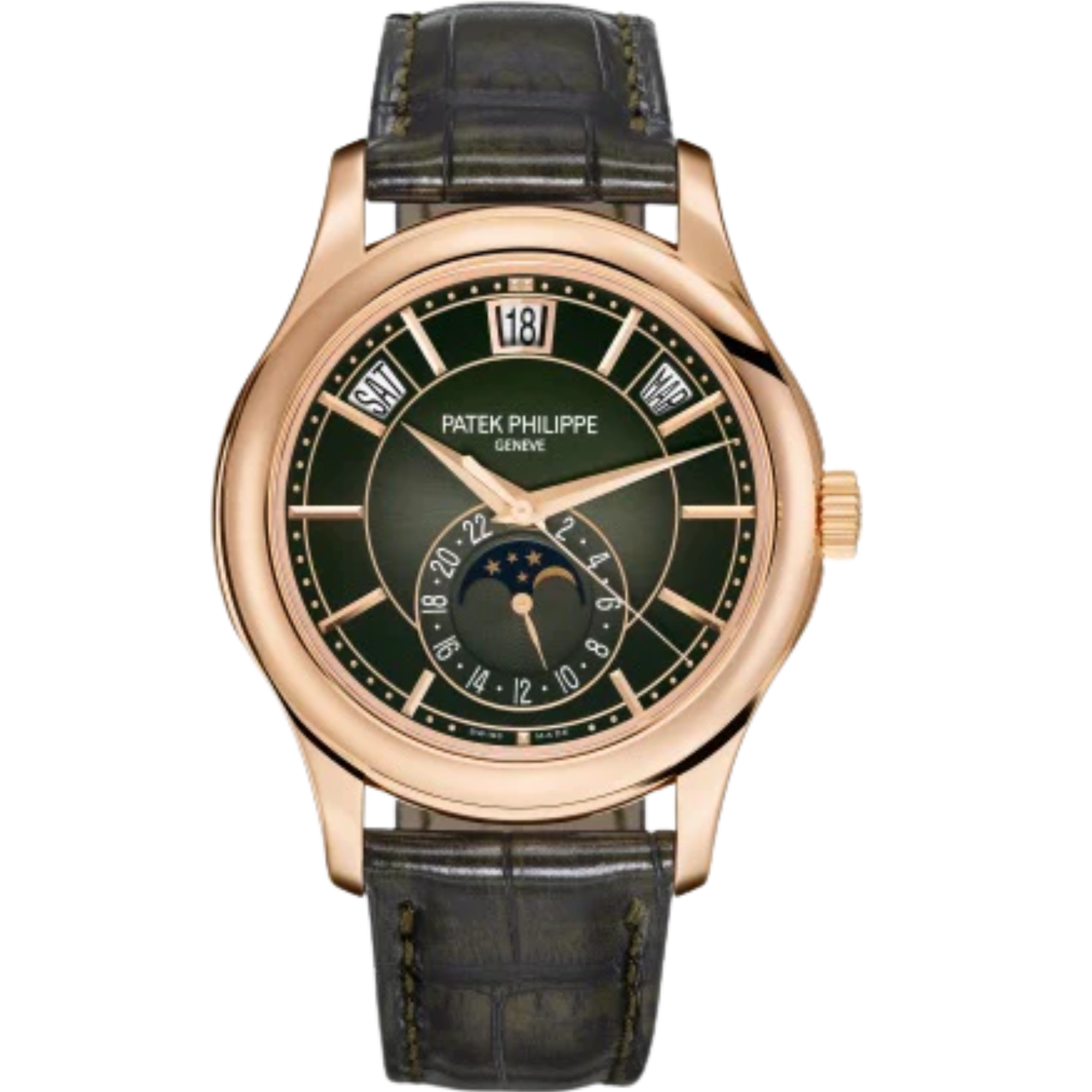 5205R Complications 40mm Two-tone Green Alligator Strap Olive Green Sunburst Gradient Black Rim Dial Rose Gold Bezel - Patek Philippe