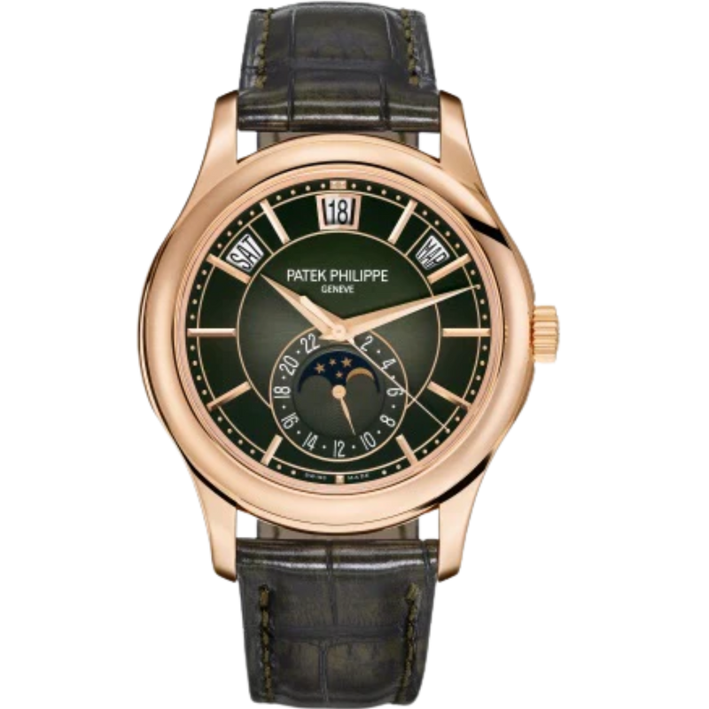 5205R Complications 40mm Two-tone Green Alligator Strap Olive Green Sunburst Gradient Black Rim Dial Rose Gold Bezel - Patek Philippe