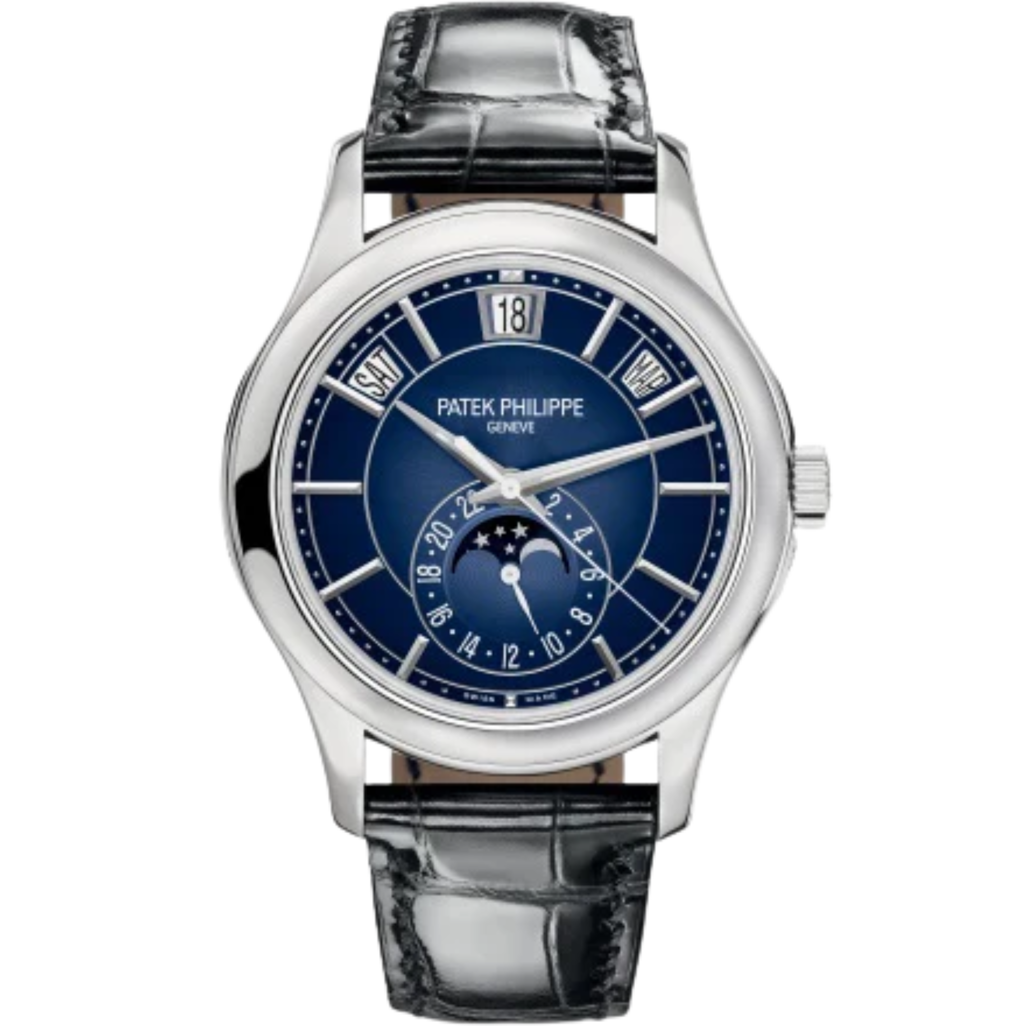 5205G Complications 40mm Shiny Black Alligator Strap Blue Sunburst Black Gradated Dial White Gold Bezel - Patek Philippe