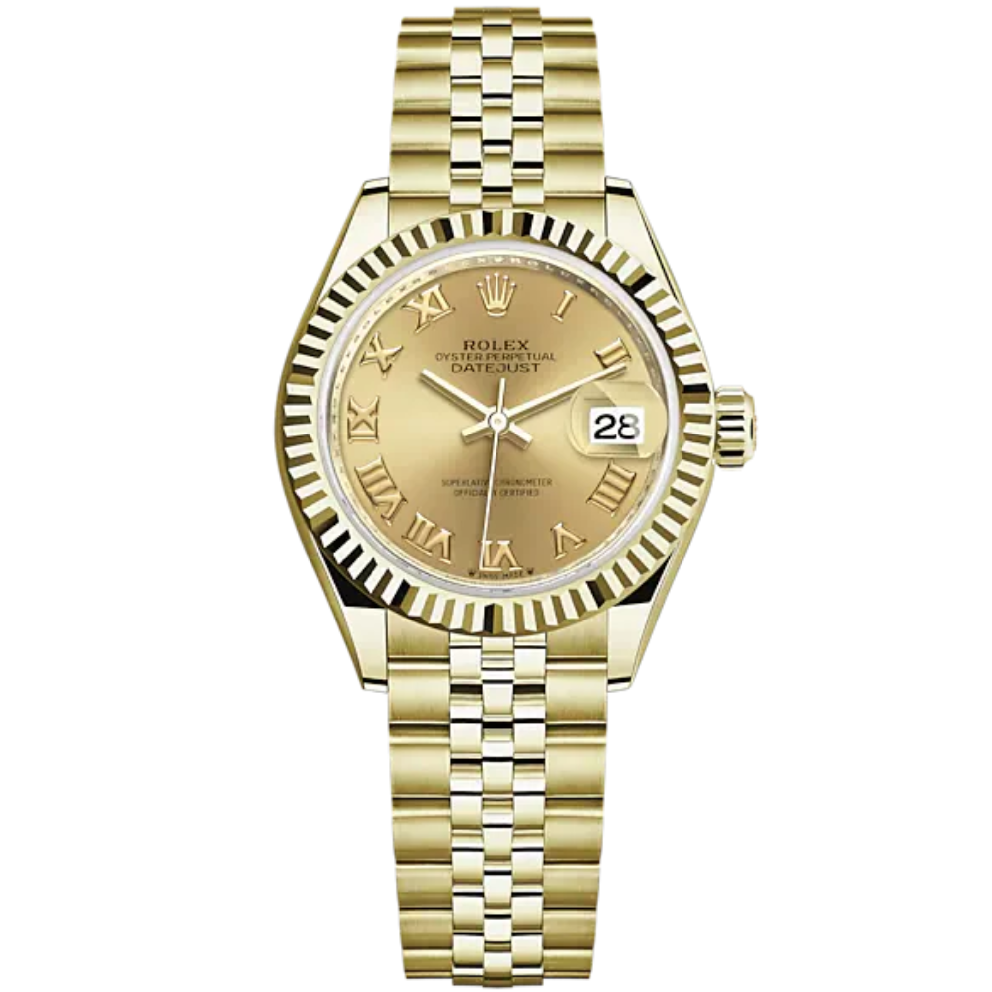 Lady-DateJust 28mm Jubilee Bracelet and 18 KT Yellow Gold with Champagne-Colour Dial Fluted Bezel - Rolex