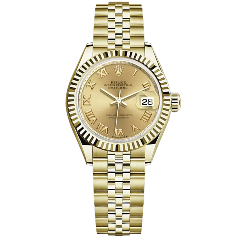 Lady-DateJust 28mm Jubilee Bracelet and 18 KT Yellow Gold with Champagne-Colour Dial Fluted Bezel - Rolex