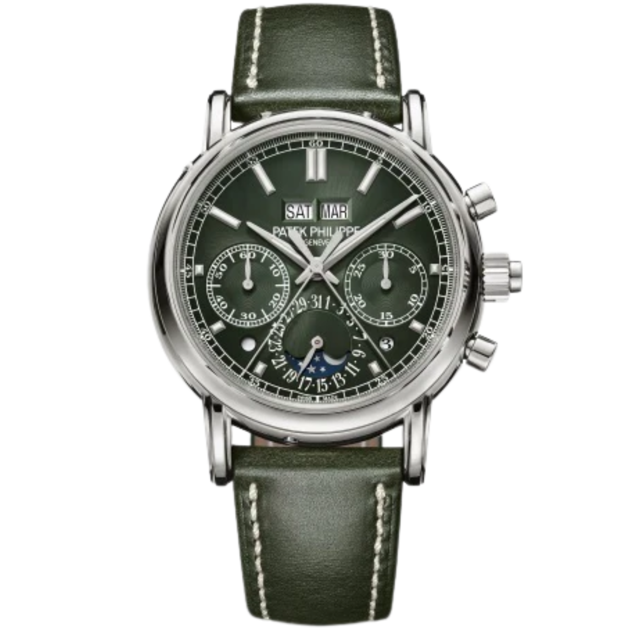 5204G-001 Grand Complications 40mm Shiny Olive Green Calfskin Strap Olive Green Sunburst Gradient-Black Rim Dial White Gold Bezel - Patek Philippe