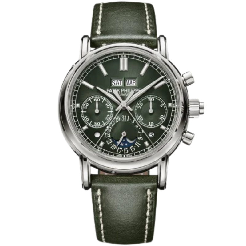 5204G-001 Grand Complications 40mm Shiny Olive Green Calfskin Strap Olive Green Sunburst Gradient-Black Rim Dial White Gold Bezel - Patek Philippe