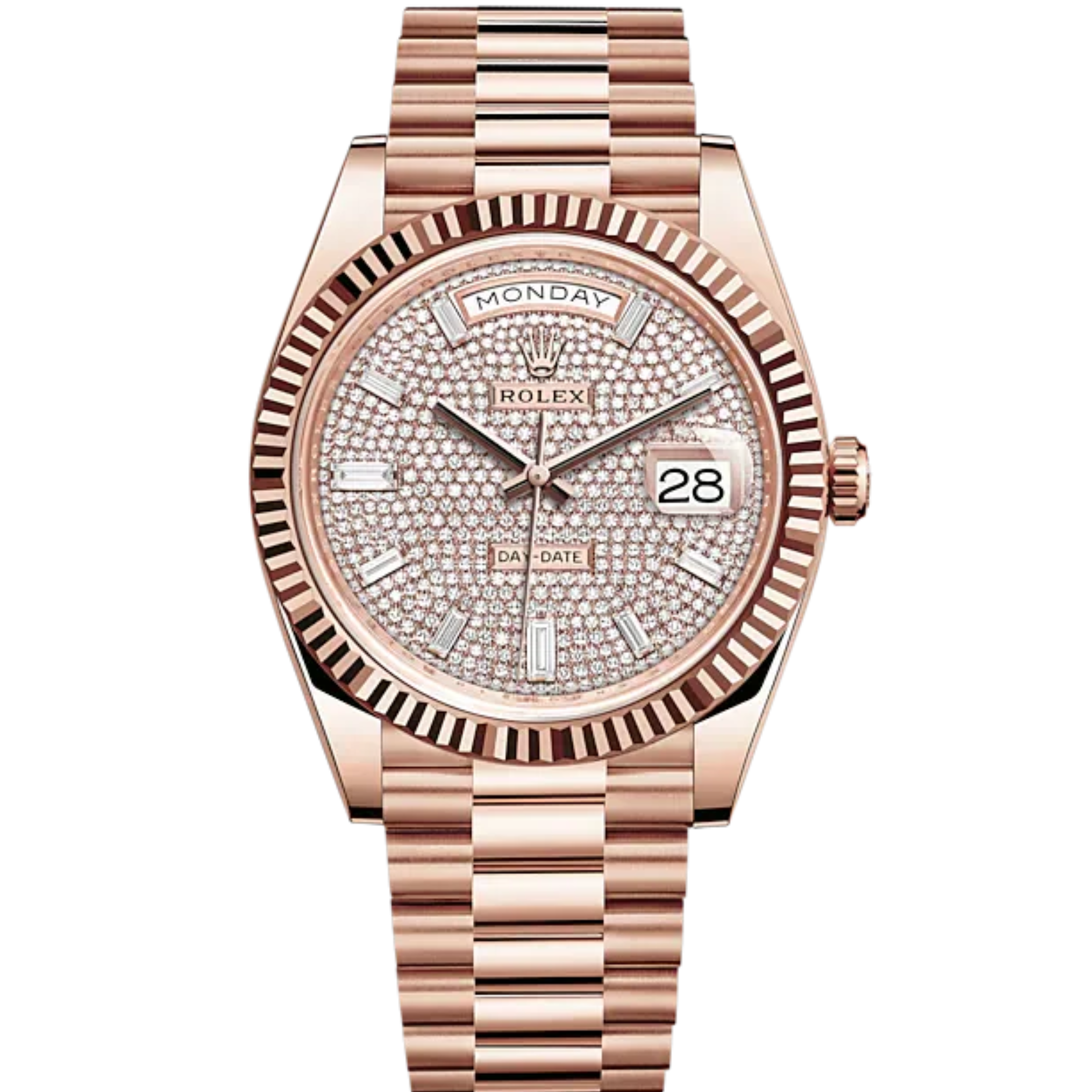 Rolex Day-Date Ref. 228235 40mm Everose Gold with Diamond-Paved Dial and Fluted Bezel - Rolex