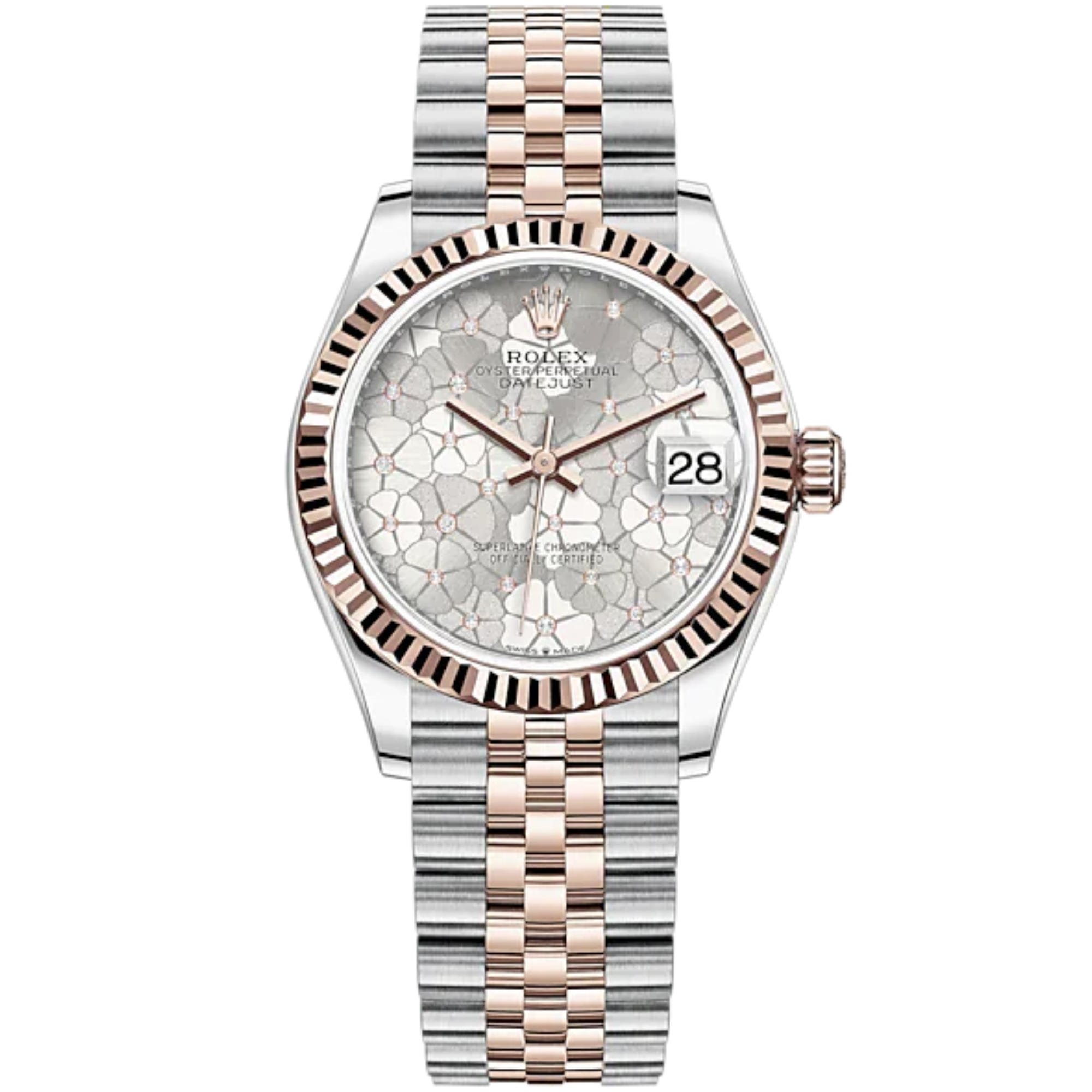 Datejust 31 31mm Jubilee Bracelet Oystersteel and Everose Gold with Silver Floral-Motif Diamond-Set Dial Fluted Bezel - Rolex