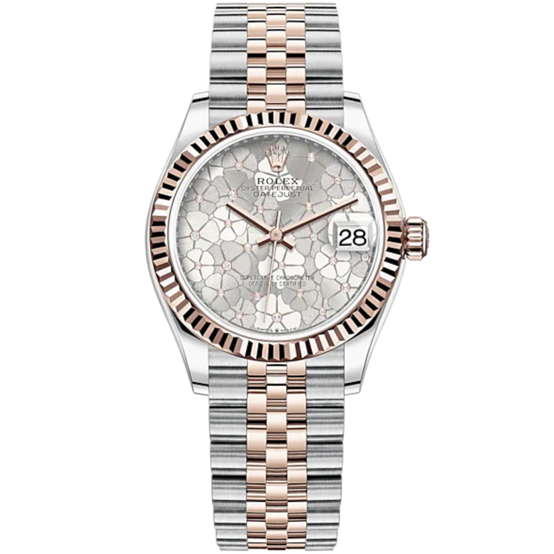 Datejust 31 31mm Jubilee Bracelet Oystersteel and Everose Gold with Silver Floral-Motif Diamond-Set Dial Fluted Bezel - Rolex