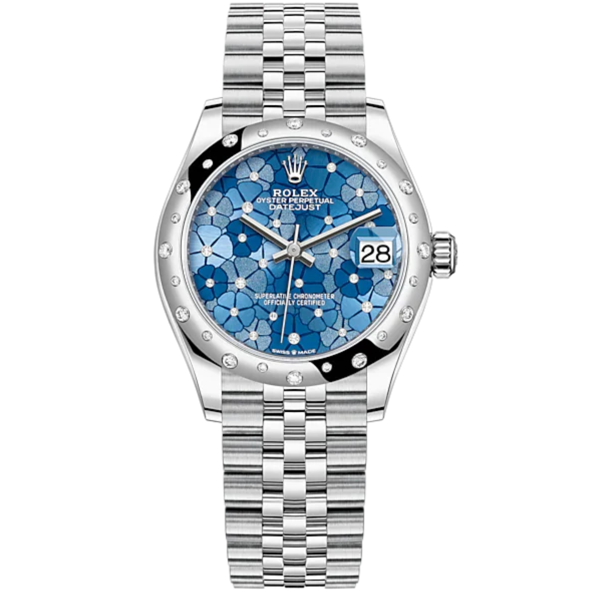 Datejust 31 31mm Jubilee Bracelet Oystersteel and White Gold with Azzurro-Blue Floral-Motif Diamond-Set Dial Diamond-Set Bezel - Rolex