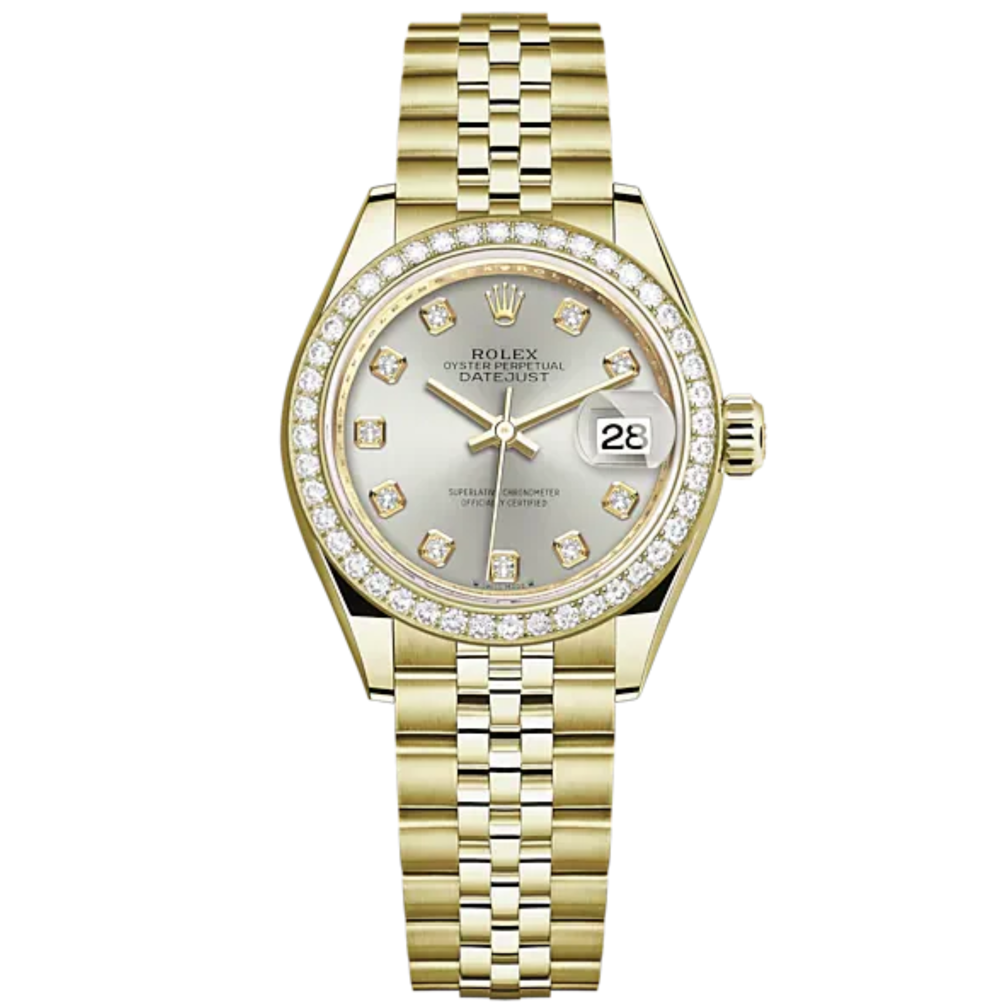Lady-DateJust 28mm Jubilee Bracelet and 18 KT Yellow Gold with Silver Dial Diamond-Set Dial Diamond-Set Bezel - Rolex