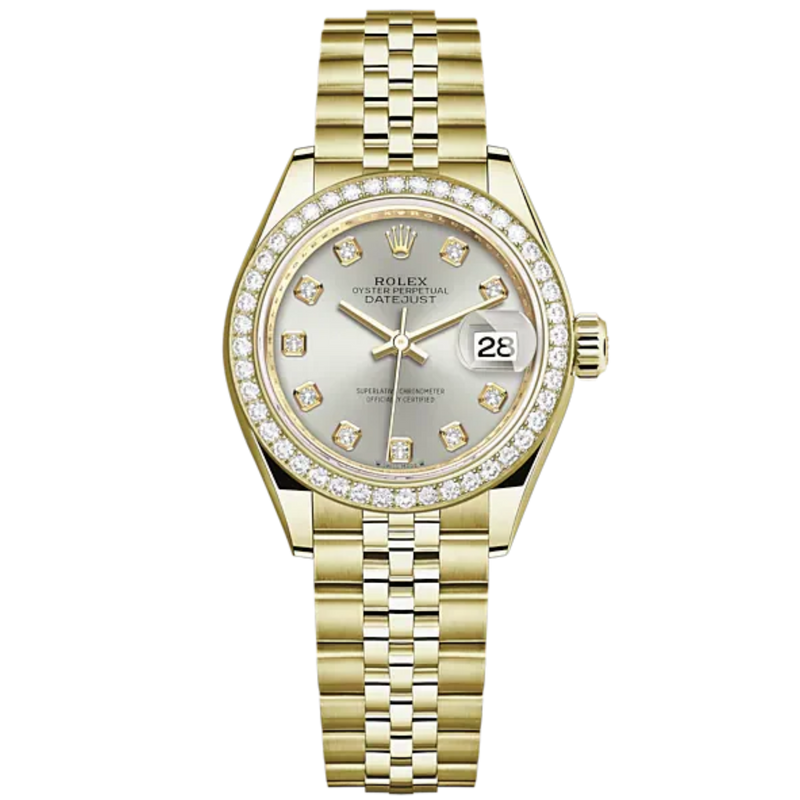 Lady-DateJust 28mm Jubilee Bracelet and 18 KT Yellow Gold with Silver Dial Diamond-Set Dial Diamond-Set Bezel - Rolex