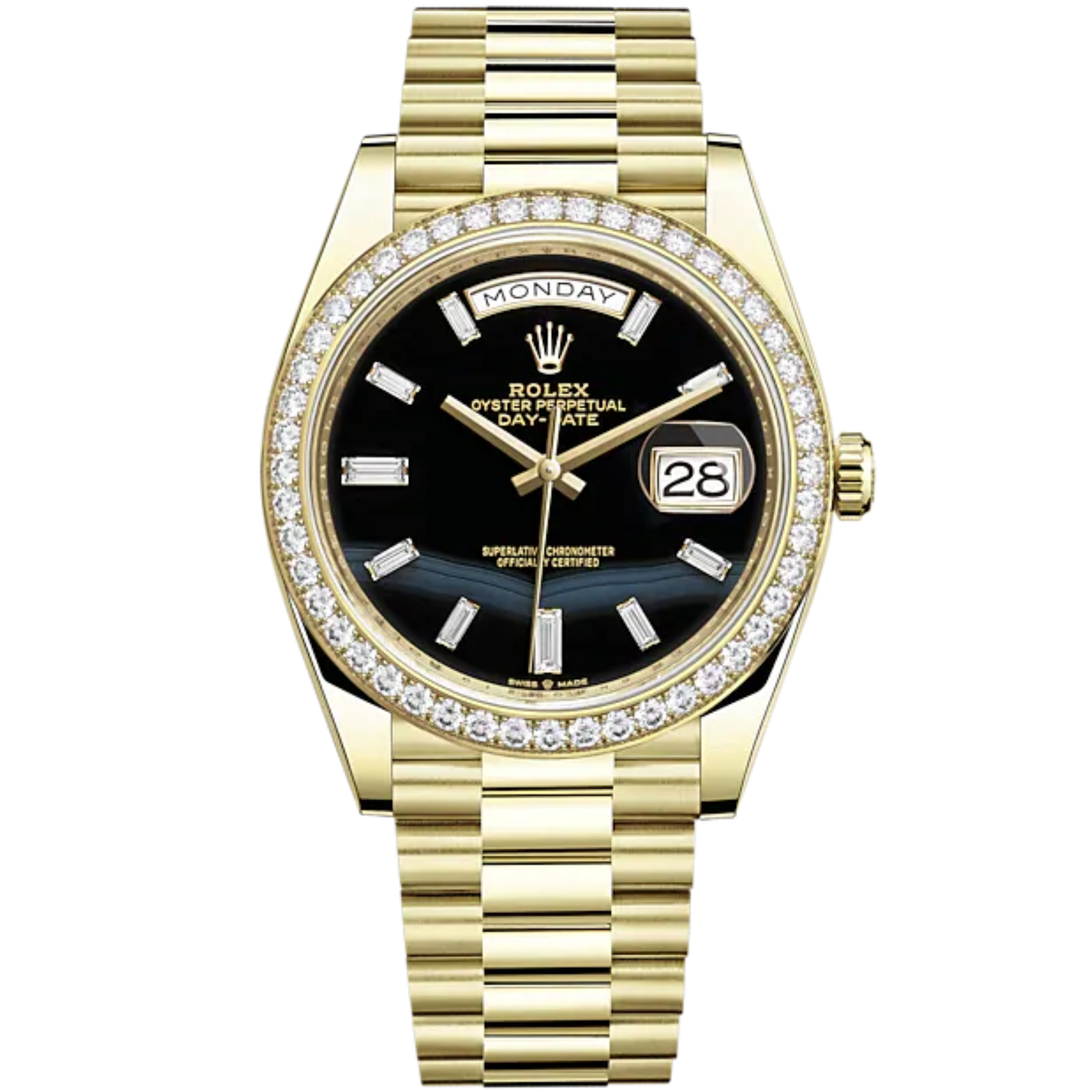 Day-Date 40 40mm President Bracelet and 18 KT Yellow Gold with Onyx Dial Diamond-Set Dial and Diamond-Set Bezel - Rolex