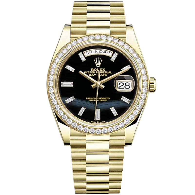 Day-Date 40 40mm President Bracelet and 18 KT Yellow Gold with Onyx Dial Diamond-Set Dial and Diamond-Set Bezel - Rolex