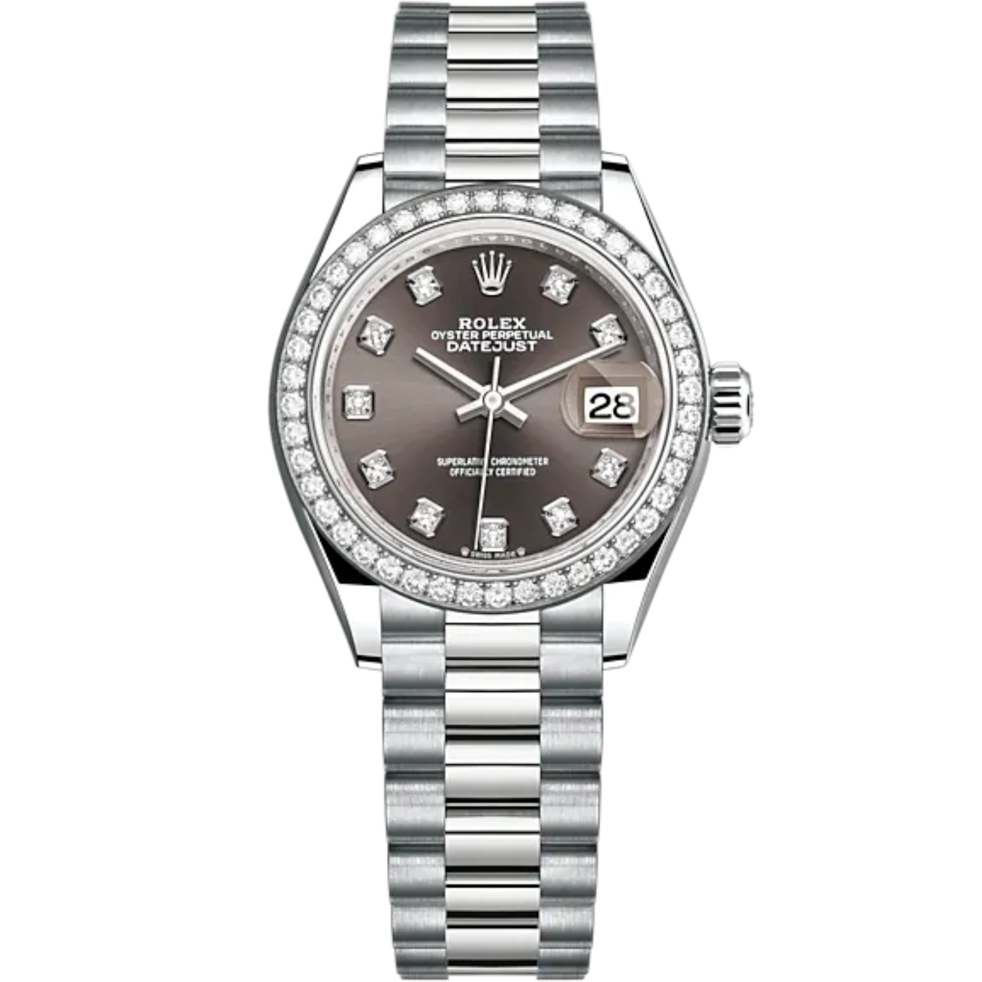 Lady-DateJust 28mm President Bracelet and 18 KT White Gold with Dark Grey Dial Diamond-Set Dial and Diamond-Set Bezel - Rolex