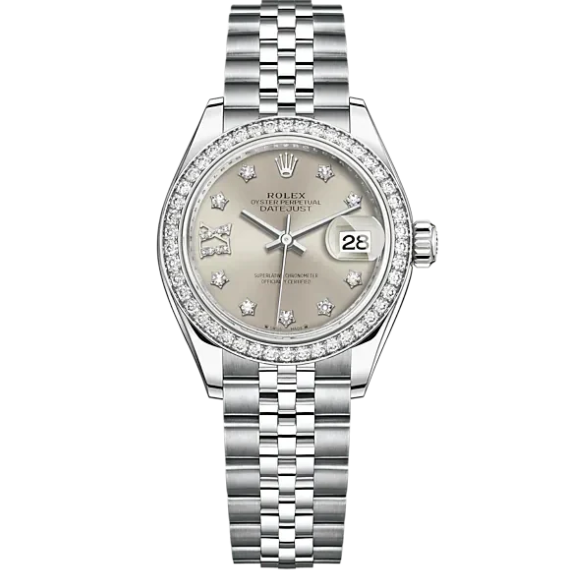 Lady-DateJust 28mm Jubilee Bracelet and Oystersteel with White Gold and Silver Dial Diamond-Set Dial Diamond-Set Bezel - Rolex