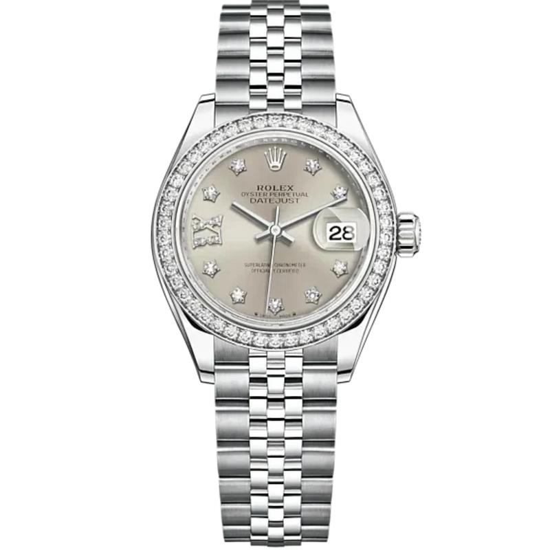Lady-DateJust 28mm Jubilee Bracelet and Oystersteel with White Gold and Silver Dial Diamond-Set Dial Diamond-Set Bezel - Rolex