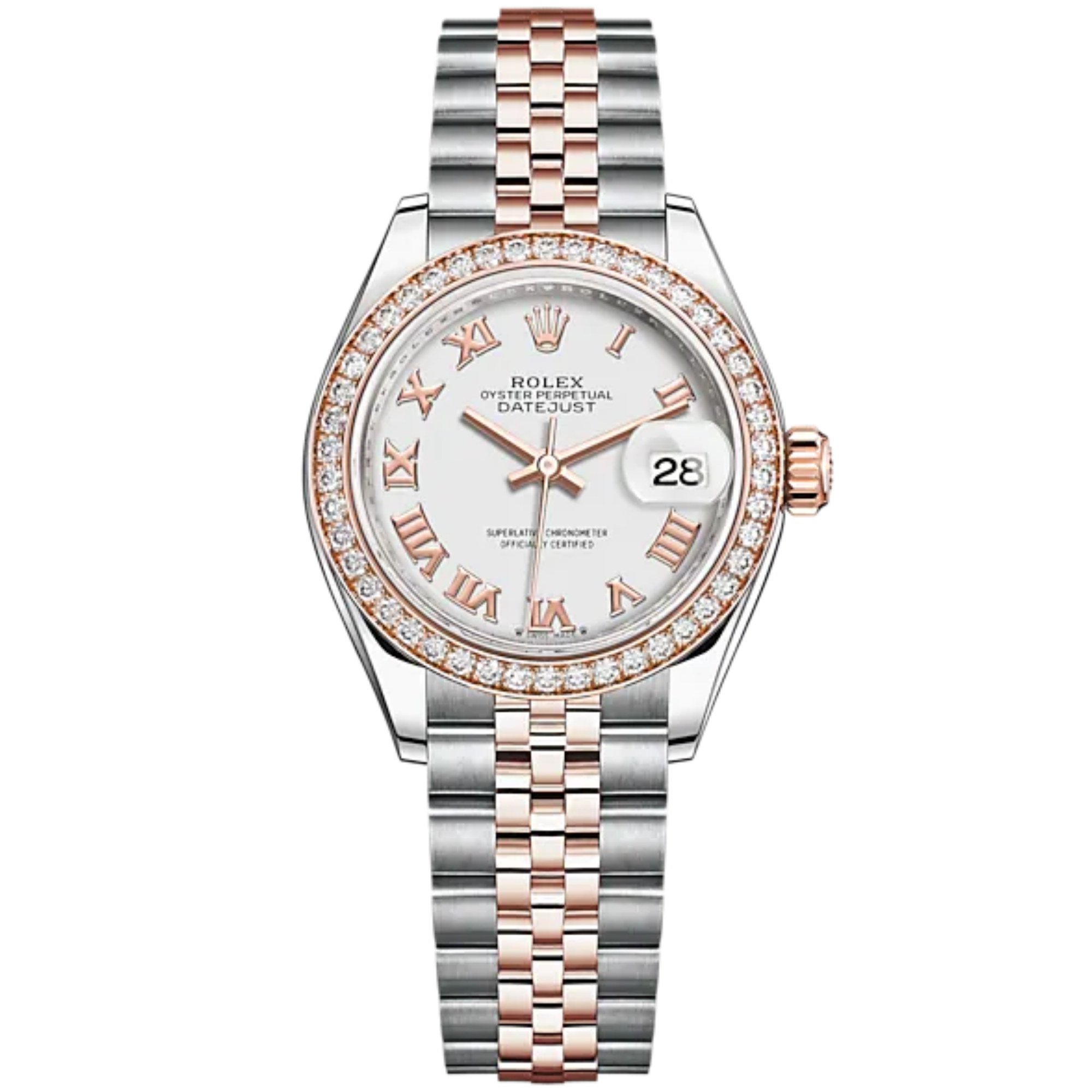 Lady-DateJust 28mm Oystersteel Jubilee Bracelet and Everose Gold with White Dial and Diamond-Set Bezel - Rolex