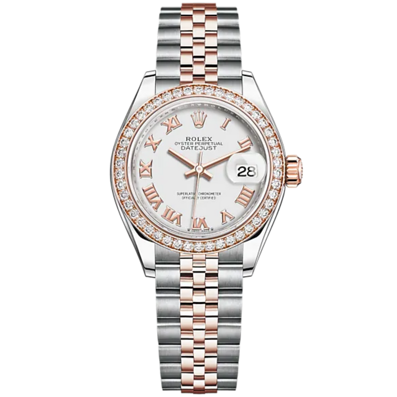 Lady-DateJust 28mm Oystersteel Jubilee Bracelet and Everose Gold with White Dial and Diamond-Set Bezel - Rolex