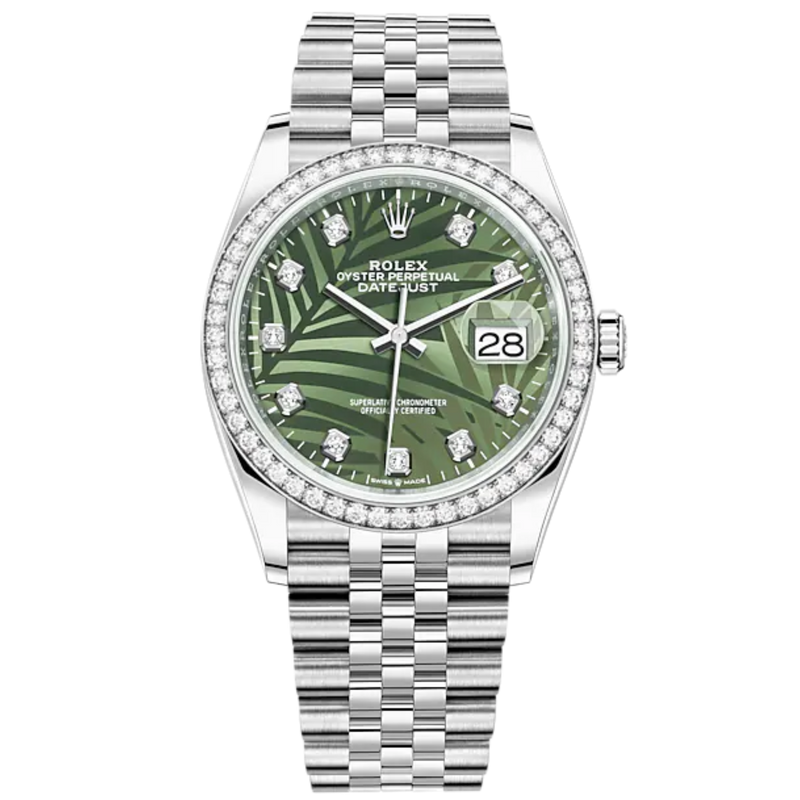 Datejust 36 36mm Oystersteel Jubilee Bracelet Olive Green Palm-Motif Diamond-set Dial Diamond-set Bezel - Rolex