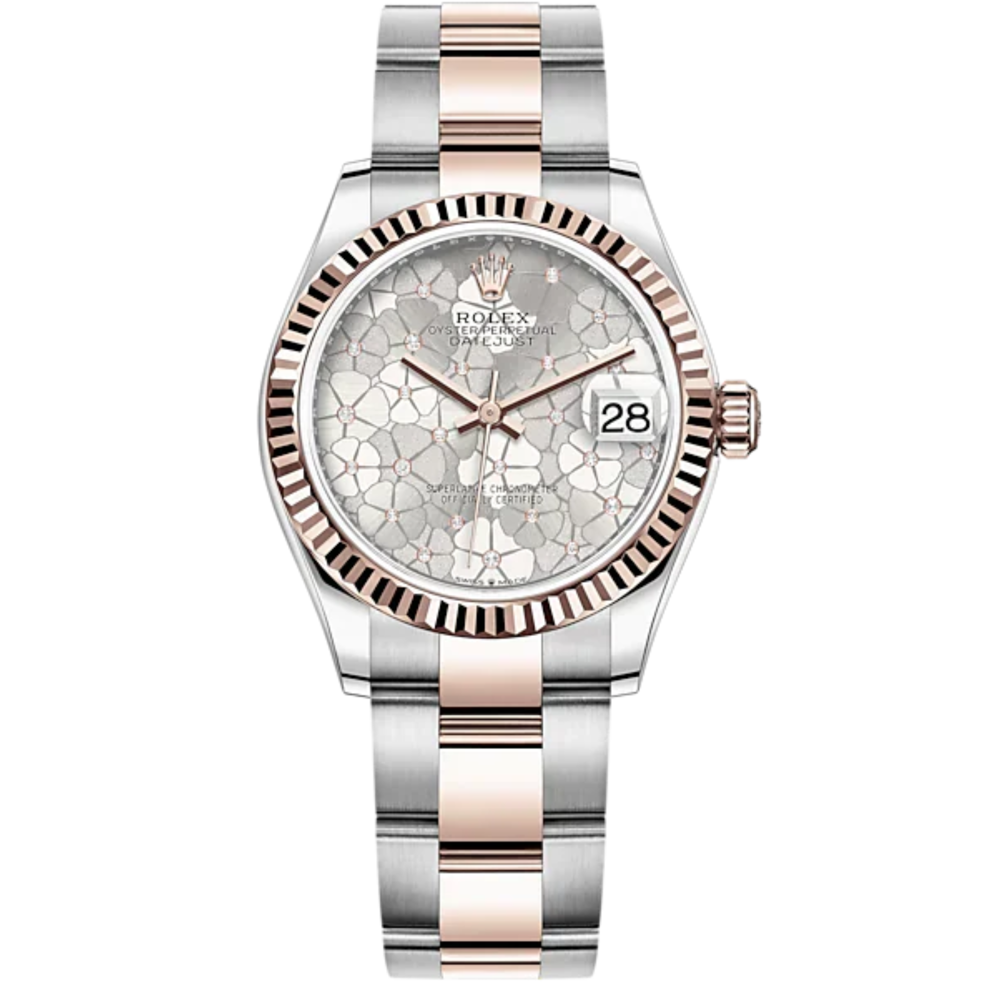Datejust 31 31mm Oyster Bracelet Oystersteel and Everose Gold with Silver Floral-Motif Diamond-Set Dial Fluted Bezel - Rolex