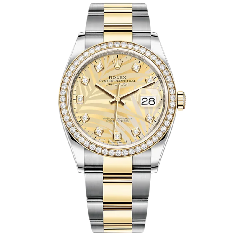 Datejust 36 36mm Oystersteel and Yellow Gold Oyster Bracelet Golden Palm-Motif Diamond-set Dial Diamond-set Bezel - Rolex