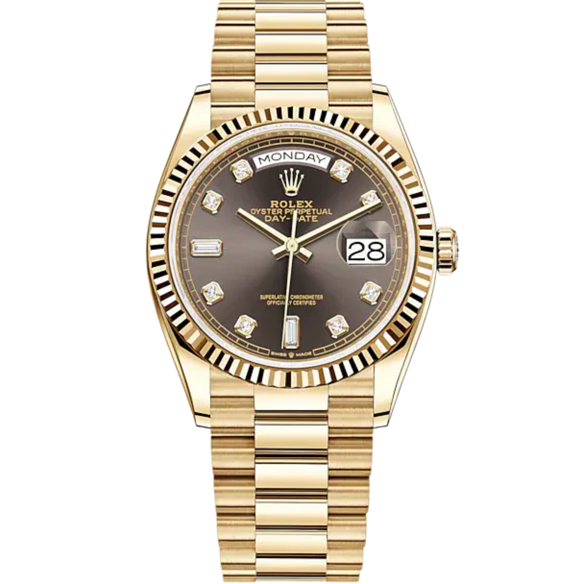 Day-Date 36 36mm President Bracelet and 18 KT Yellow Gold with Dark Grey Dial Diamond-Set Dial Fluted Bezel - Rolex
