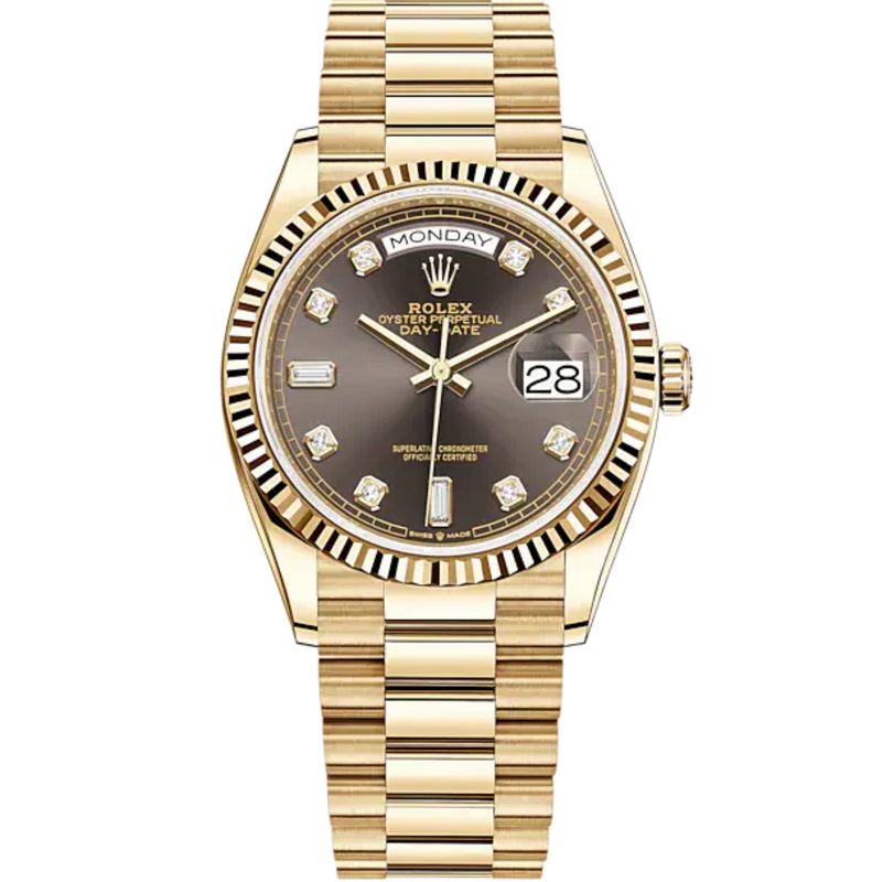 Day-Date 36 36mm President Bracelet and 18 KT Yellow Gold with Dark Grey Dial Diamond-Set Dial Fluted Bezel - Rolex