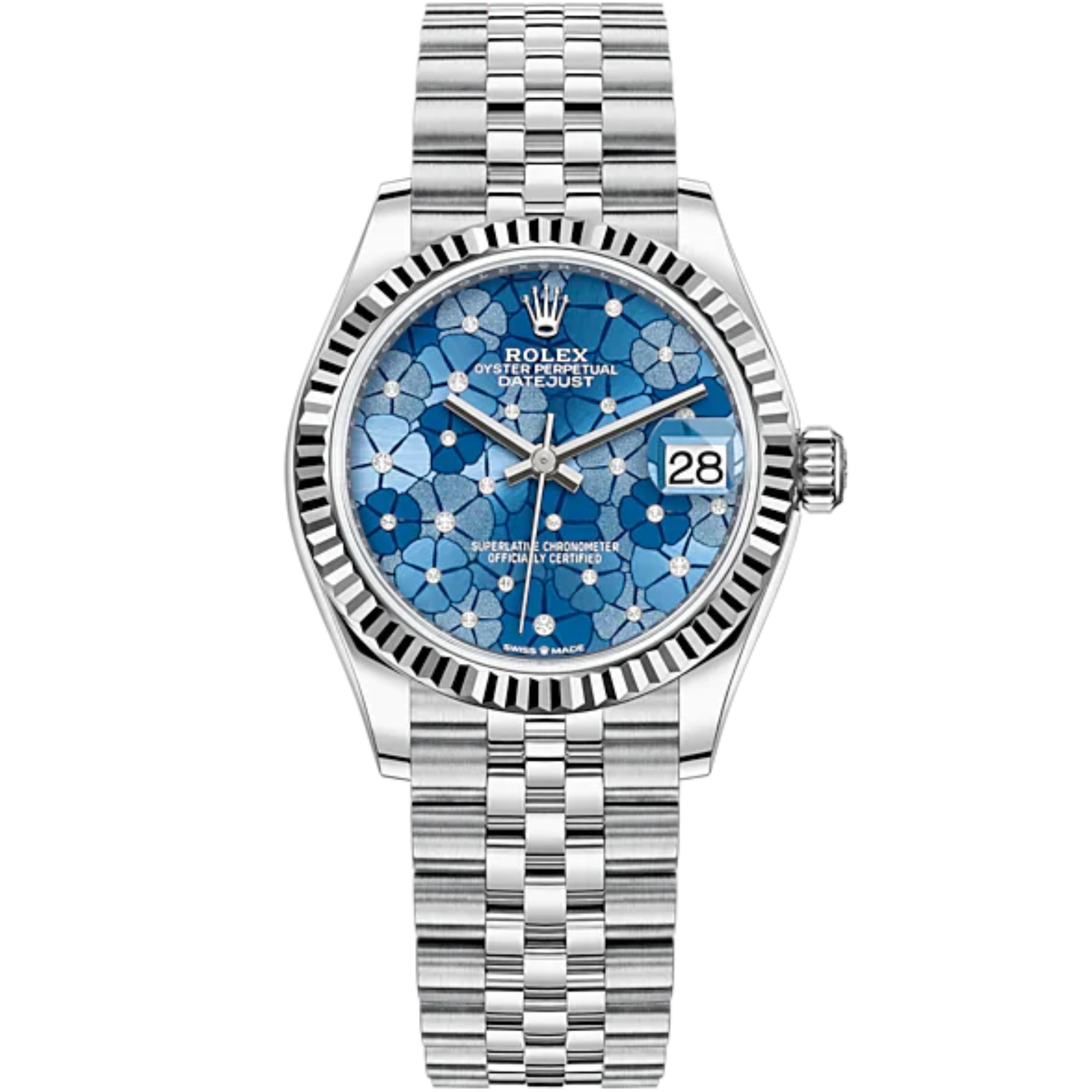 Datejust 31 31mm Jubilee Bracelet Oystersteel and White Gold with Azzurro-Blue Floral-Motif Diamond-Set Dial Fluted Bezel - Rolex