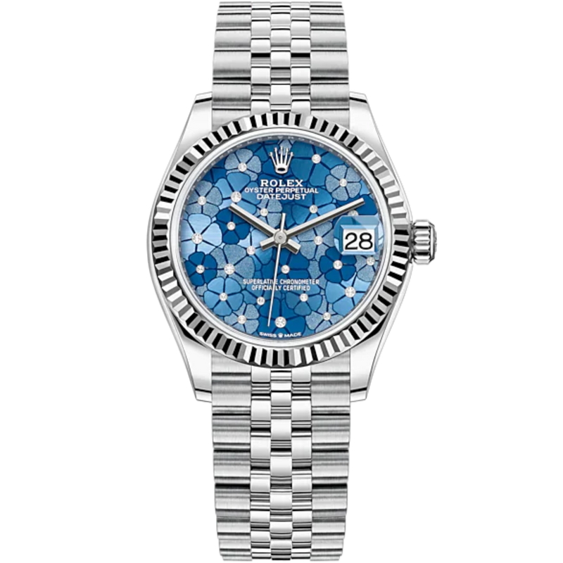 Datejust 31 31mm Jubilee Bracelet Oystersteel and White Gold with Azzurro-Blue Floral-Motif Diamond-Set Dial Fluted Bezel - Rolex