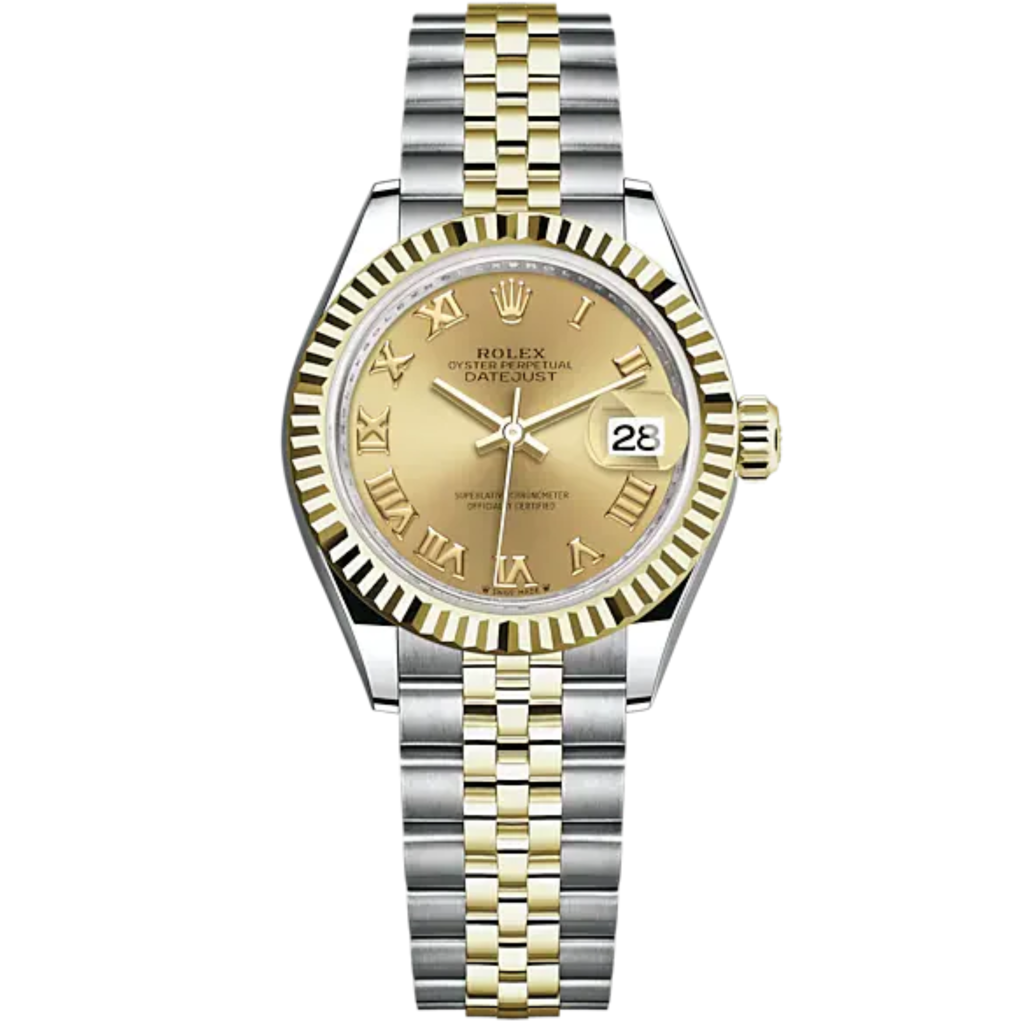 Lady-DateJust 28mm Oystersteel Jubilee Bracelet and Yellow Gold with Champagne-Colour Dial Fluted Bezel - Rolex