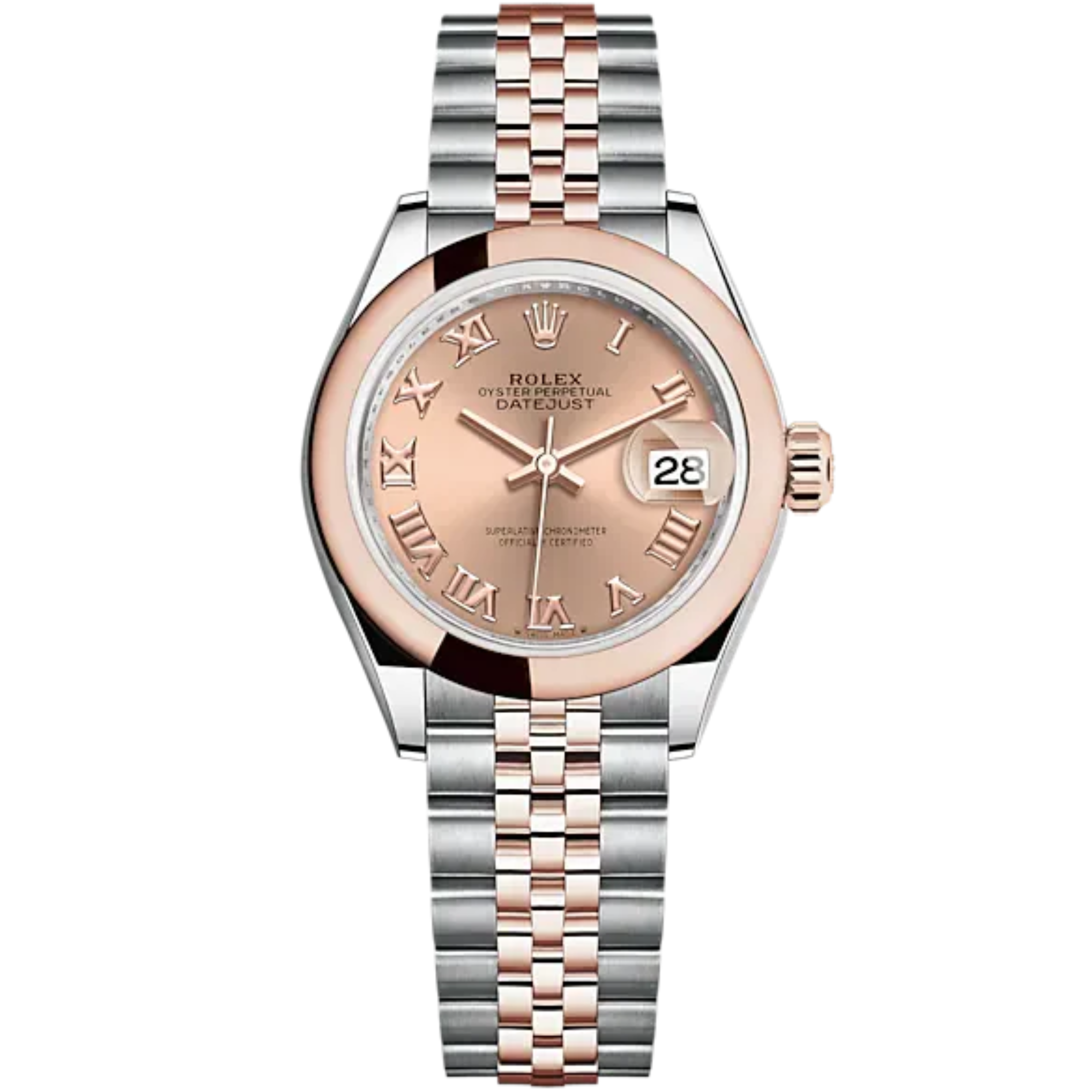 Lady-DateJust 28mm Oystersteel Jubilee Bracelet and Everose Gold with Rosé-Colour Dial Domed Bezel - Rolex