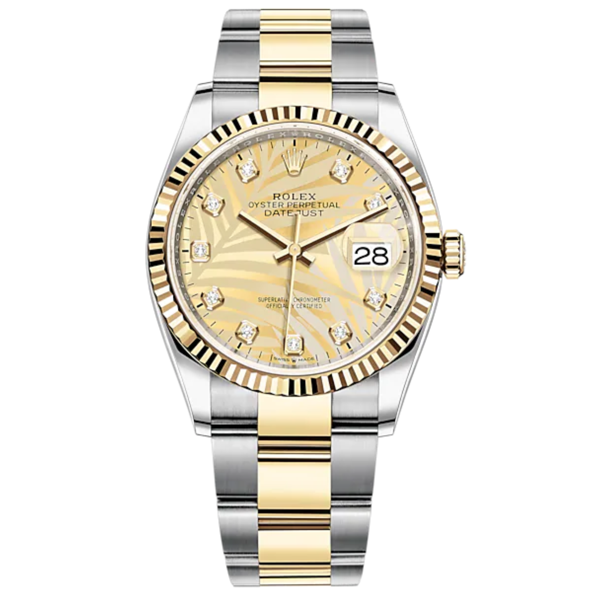 Datejust 36 36mm Oystersteel and Yellow Gold Oyster Bracelet Golden Palm-Motif Diamond-set Dial Fluted Bezel - Rolex
