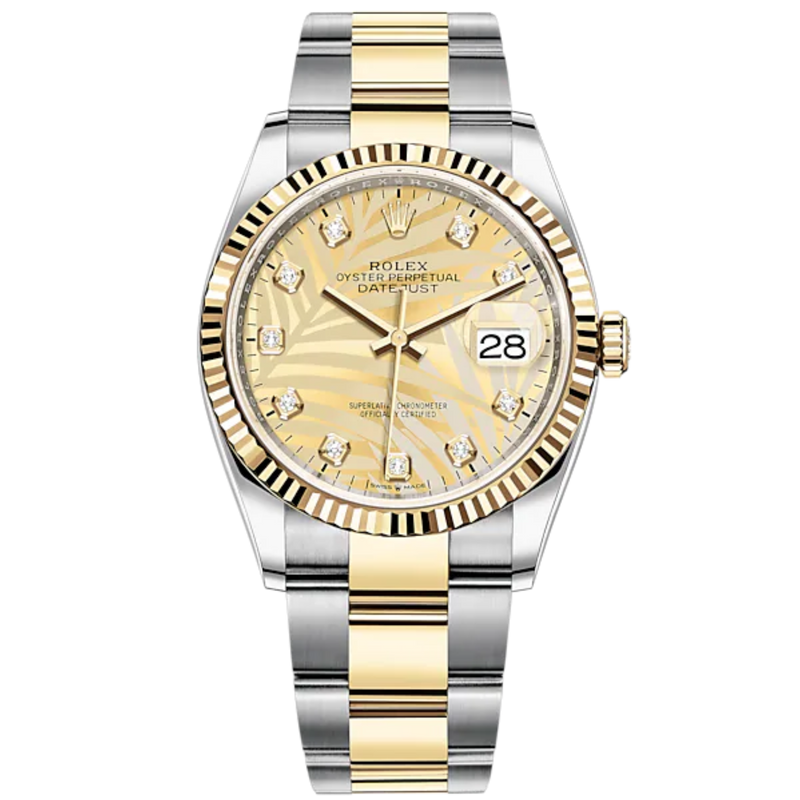Datejust 36 36mm Oystersteel and Yellow Gold Oyster Bracelet Golden Palm-Motif Diamond-set Dial Fluted Bezel - Rolex