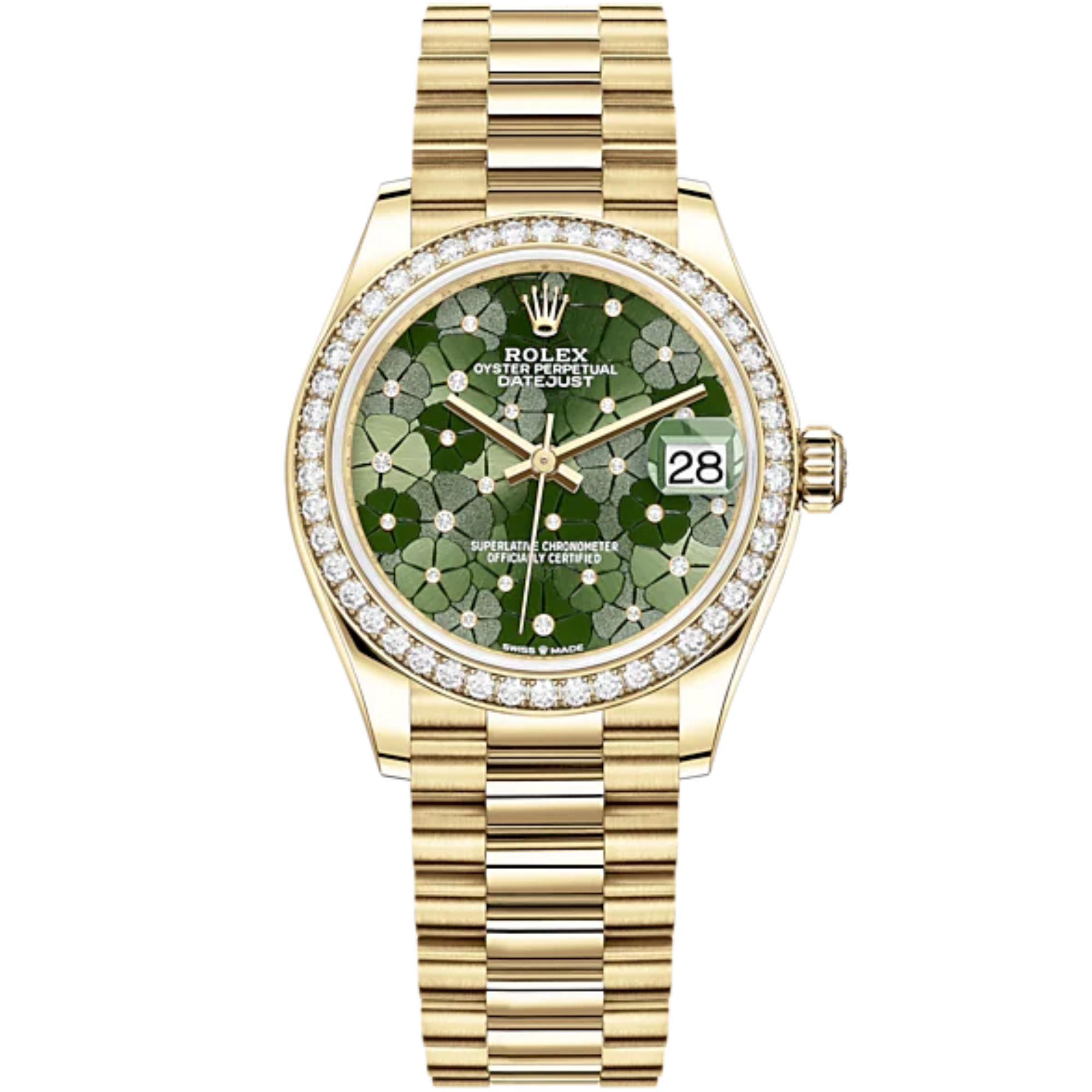 Datejust 31 31mm President Bracelet and 18 CT Yellow Gold with Olive-Green Floral-Motif Diamond Set Dial Diamond-Set Bezel - Rolex