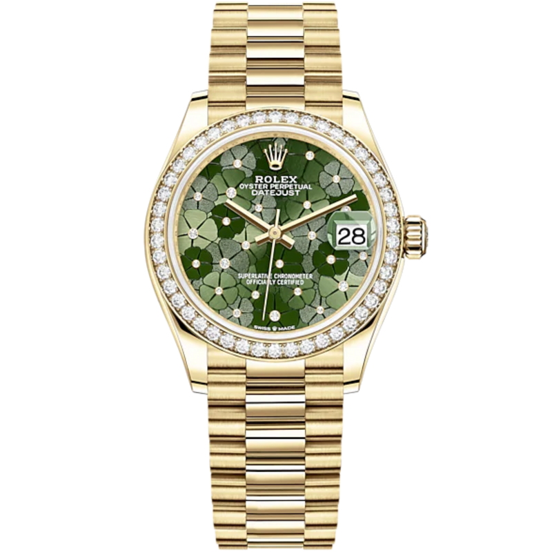 Datejust 31 31mm President Bracelet and 18 CT Yellow Gold with Olive-Green Floral-Motif Diamond Set Dial Diamond-Set Bezel - Rolex