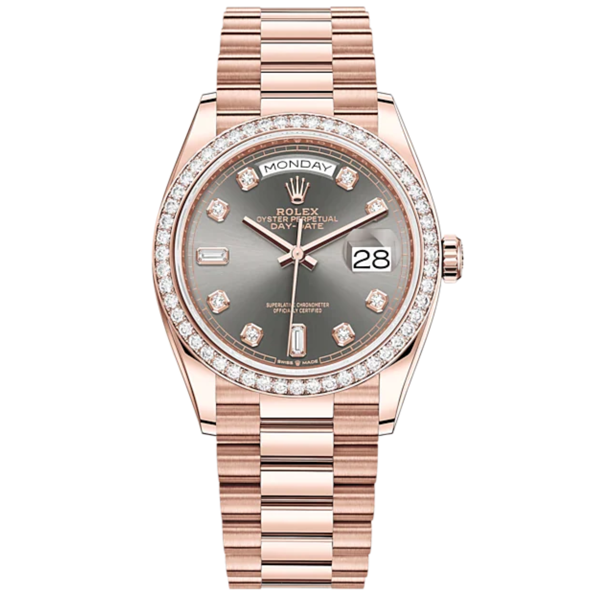 Day-Date 36 36mm President Bracelet and 18 KT Everose Gold with Slate Diamond-Set Dial Diamond-Set Bezel - Rolex