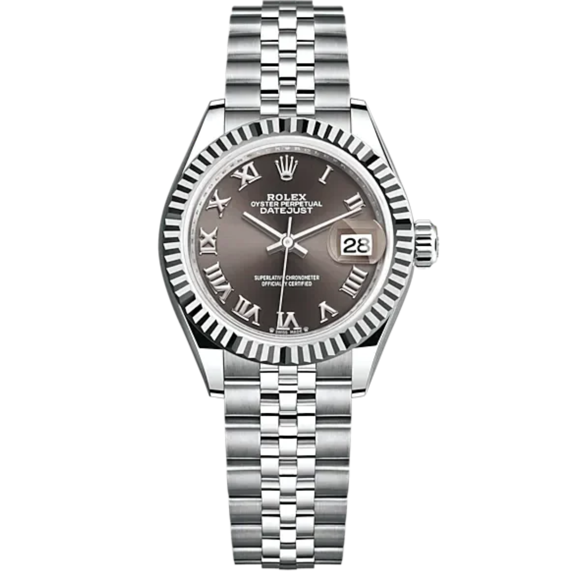 Lady-DateJust 28mm Oystersteel Jubilee Bracelet and White Gold with Dark Grey Dial Fluted Bezel - Rolex