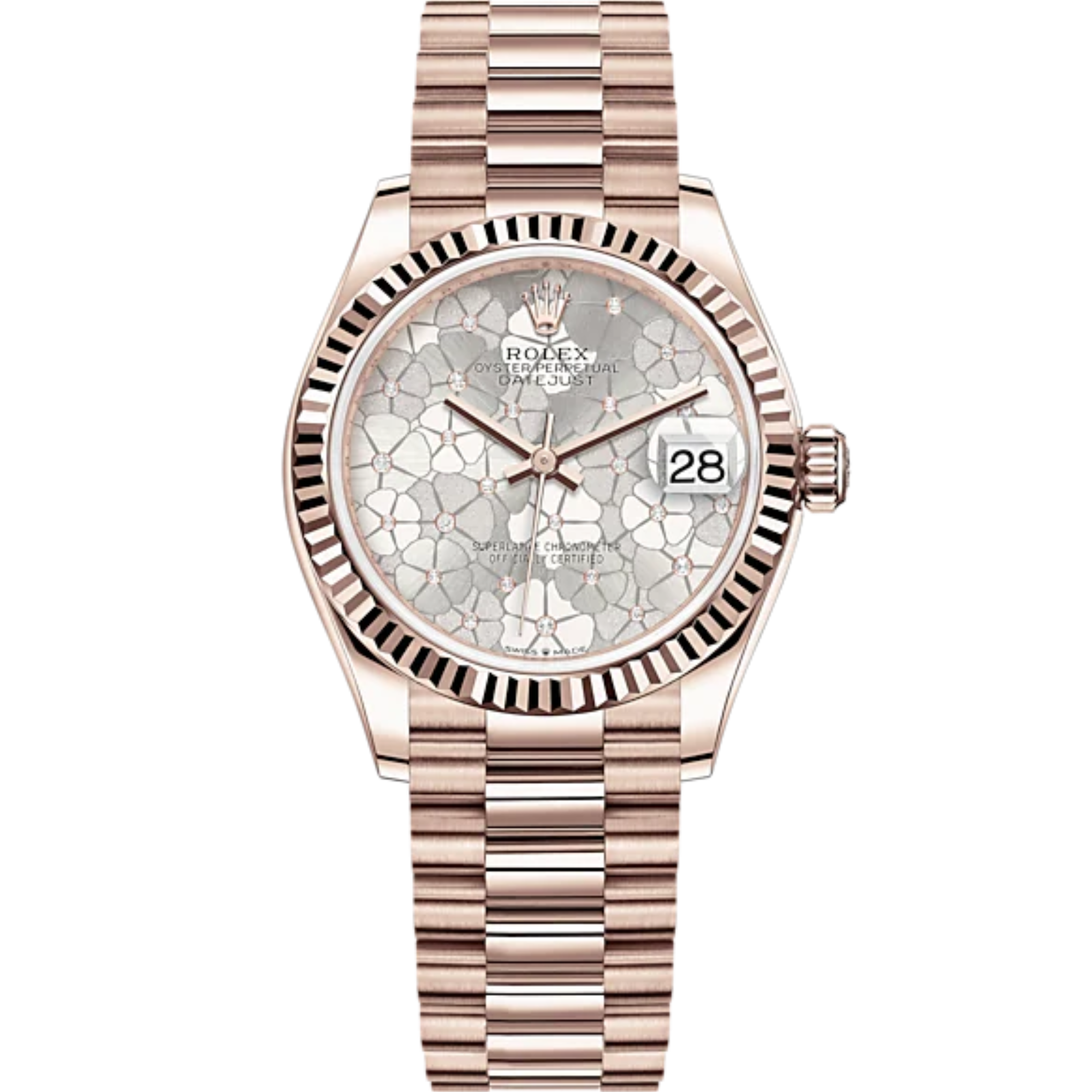 Datejust 31 31mm President Bracelet and Everose Gold with Silver Floral-Motif Diamond-Set Dial Fluted Bezel - Rolex