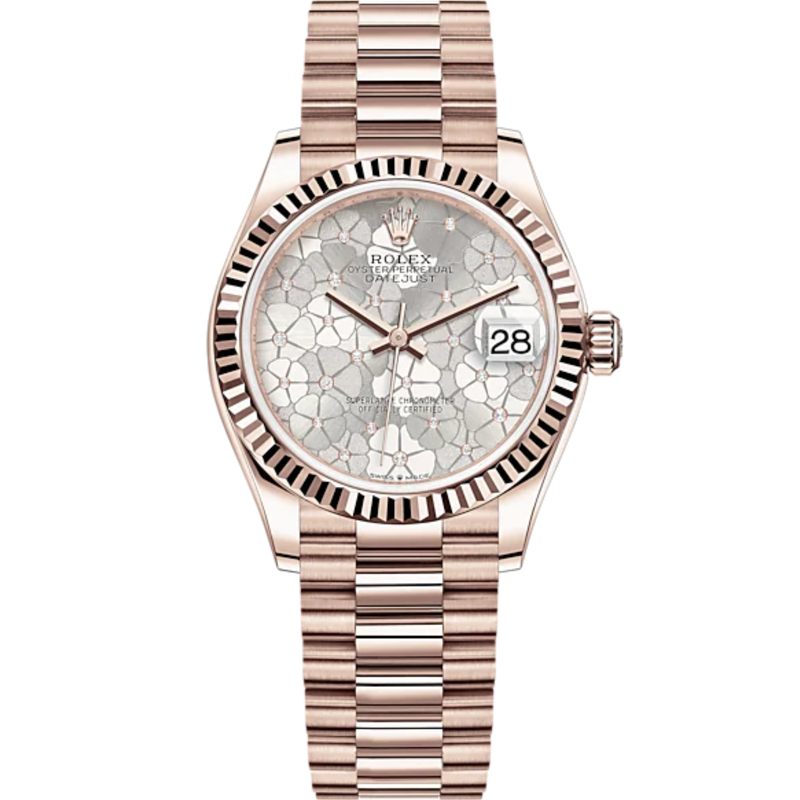 Datejust 31 31mm President Bracelet and Everose Gold with Silver Floral-Motif Diamond-Set Dial Fluted Bezel - Rolex