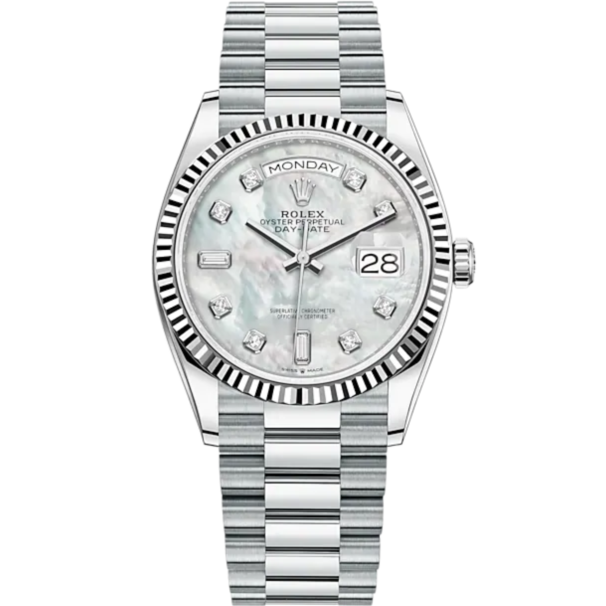 Day-Date 36 36mm President Bracelet and 18 KT White Gold with White Mother-of-Pearl Diamond-Set Dial Fluted Bezel - Rolex